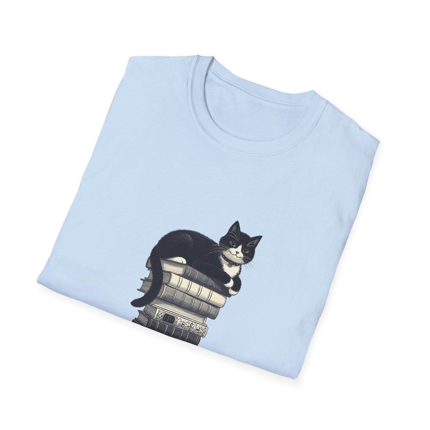 Unisex Softstyle T-Shirt - Vintage Cat Book Stack Booklover - The Dreamer's Bookshop.