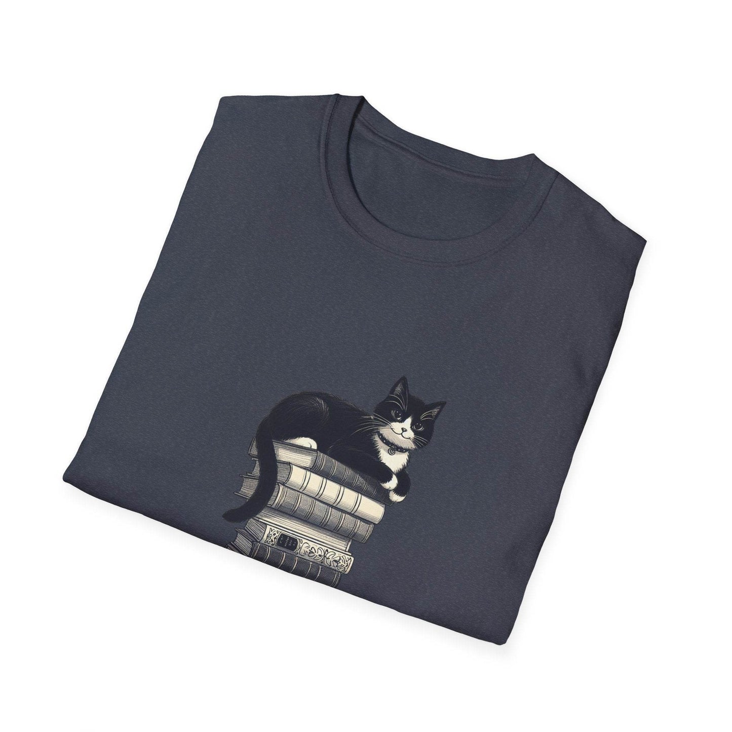 Unisex Softstyle T-Shirt - Vintage Cat Book Stack Booklover - The Dreamer's Bookshop.