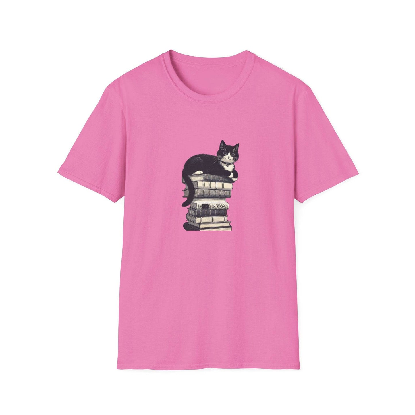 Unisex Softstyle T-Shirt - Vintage Cat Book Stack Booklover - The Dreamer's Bookshop.
