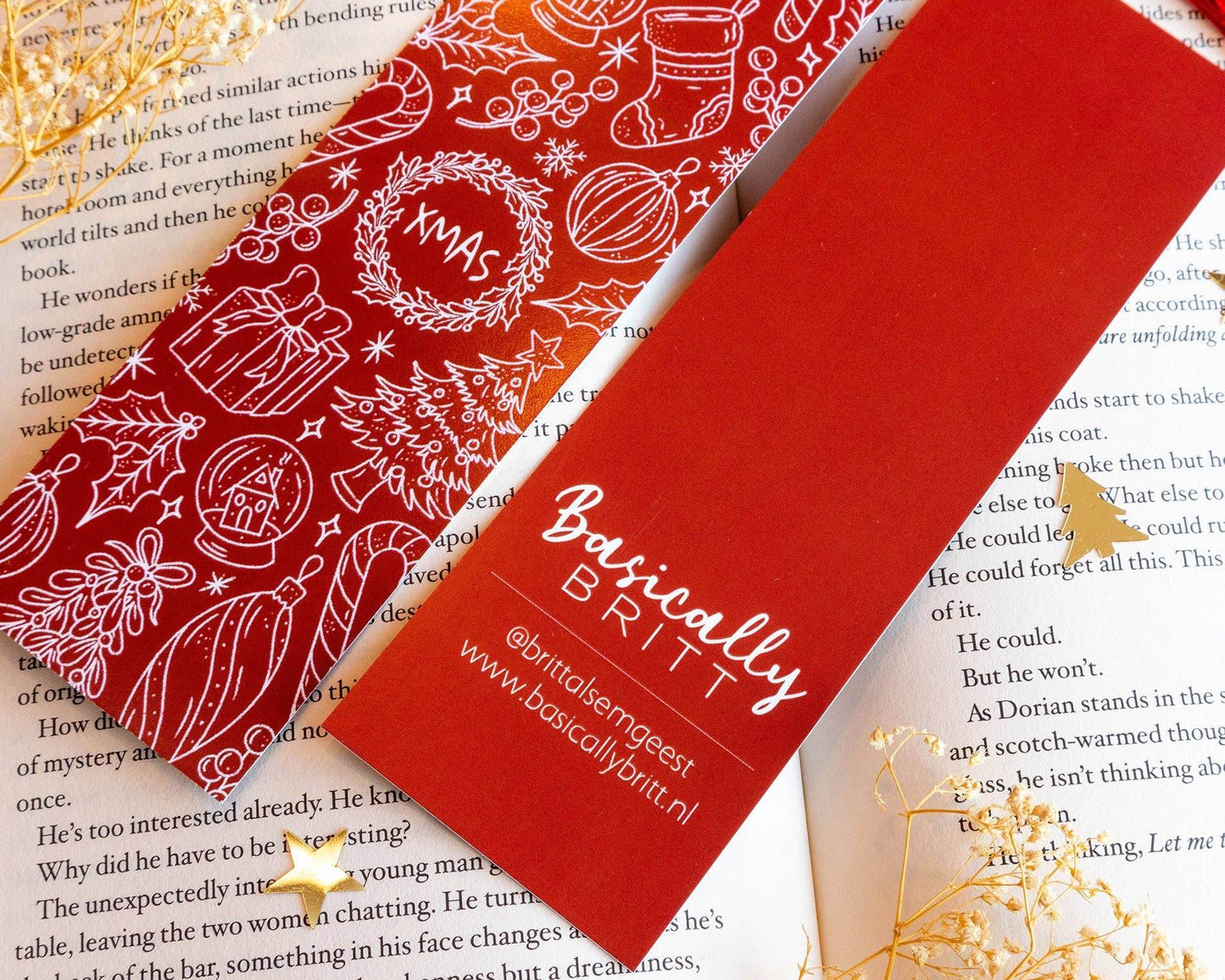 Basically Britt - Red Christmas Bookmark with Festive Holiday Doodles - The Dreamer's Bookshop.