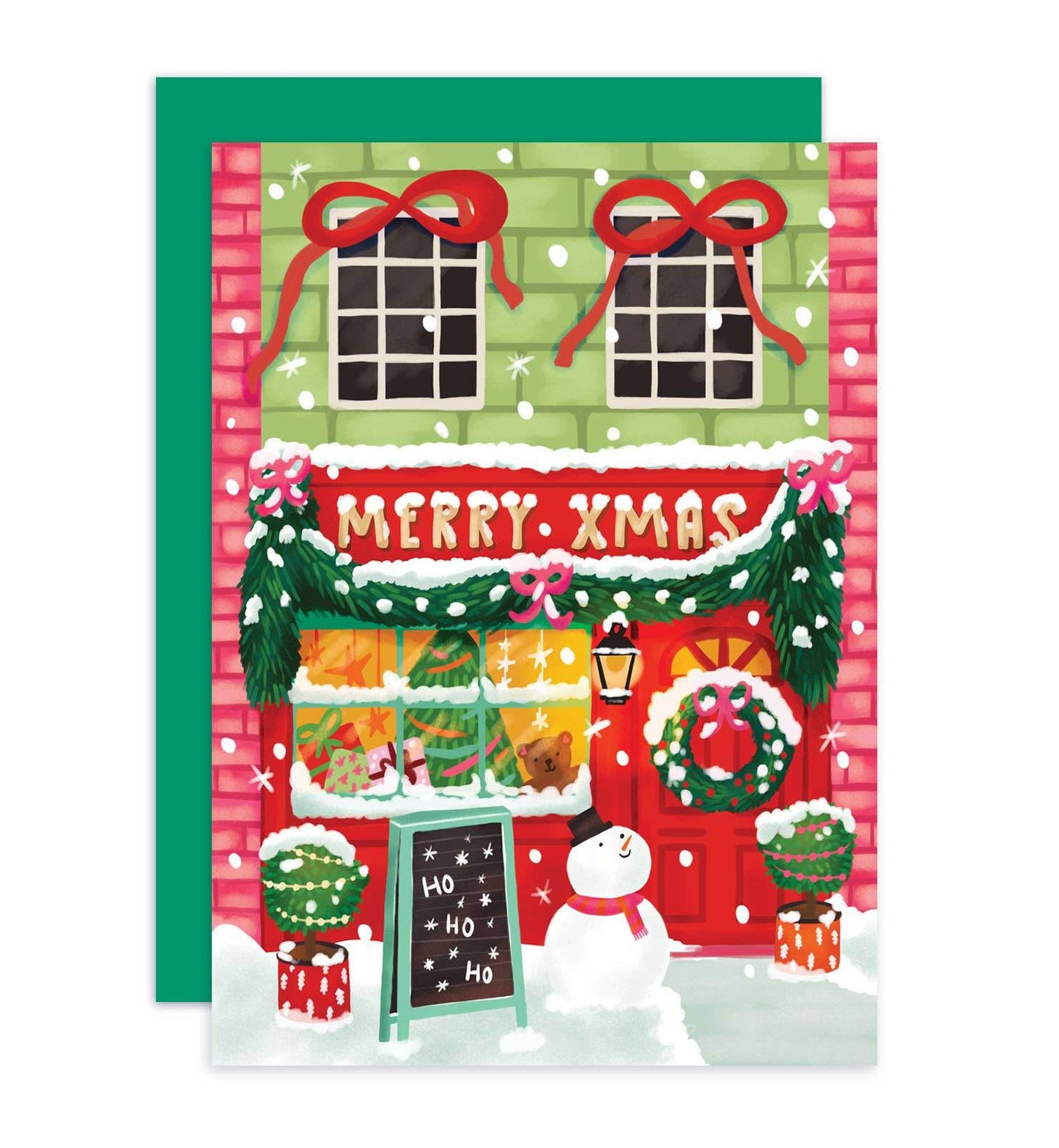 Aniet Illustration - Kerstkaart vrolijke kerst winkel merry Xmas met sneeuwpop - The Dreamer's Bookshop.