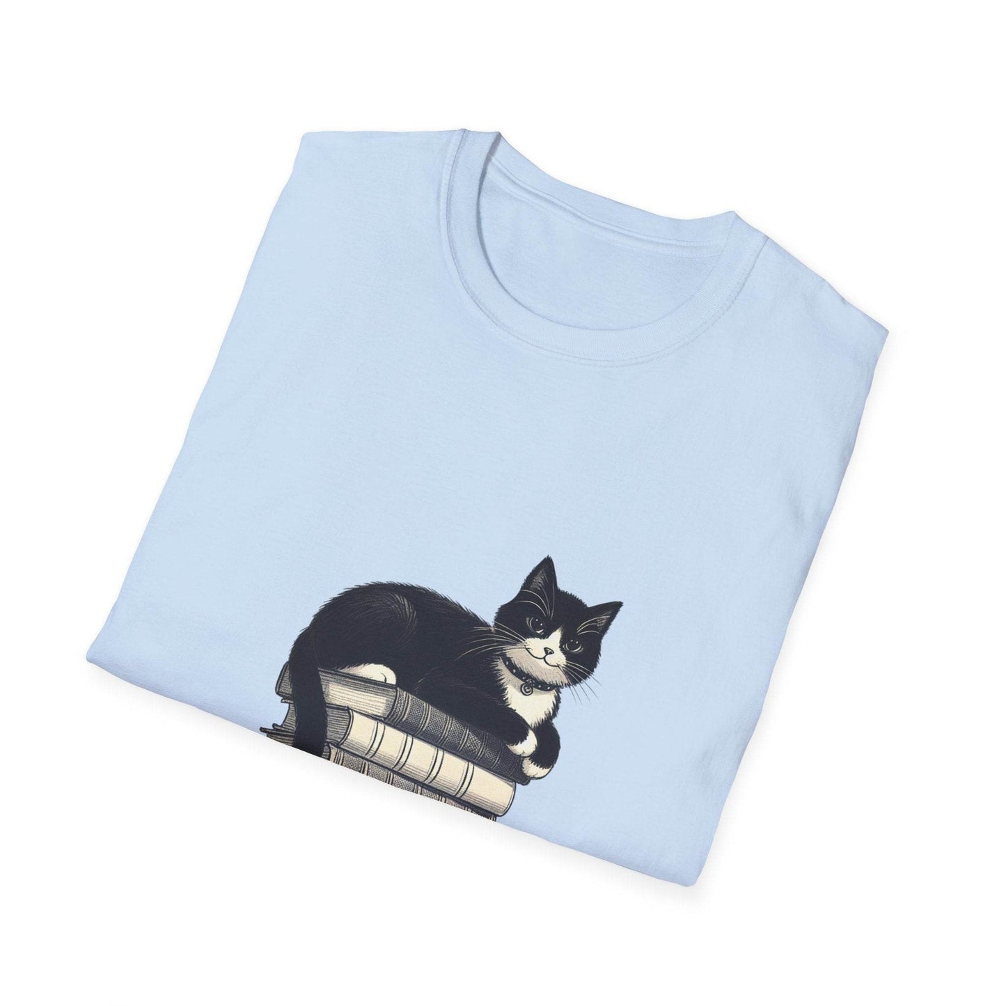Unisex T-Shirt - Vintage Cat Book Stack for Book Lovers - The Dreamer's Bookshop.