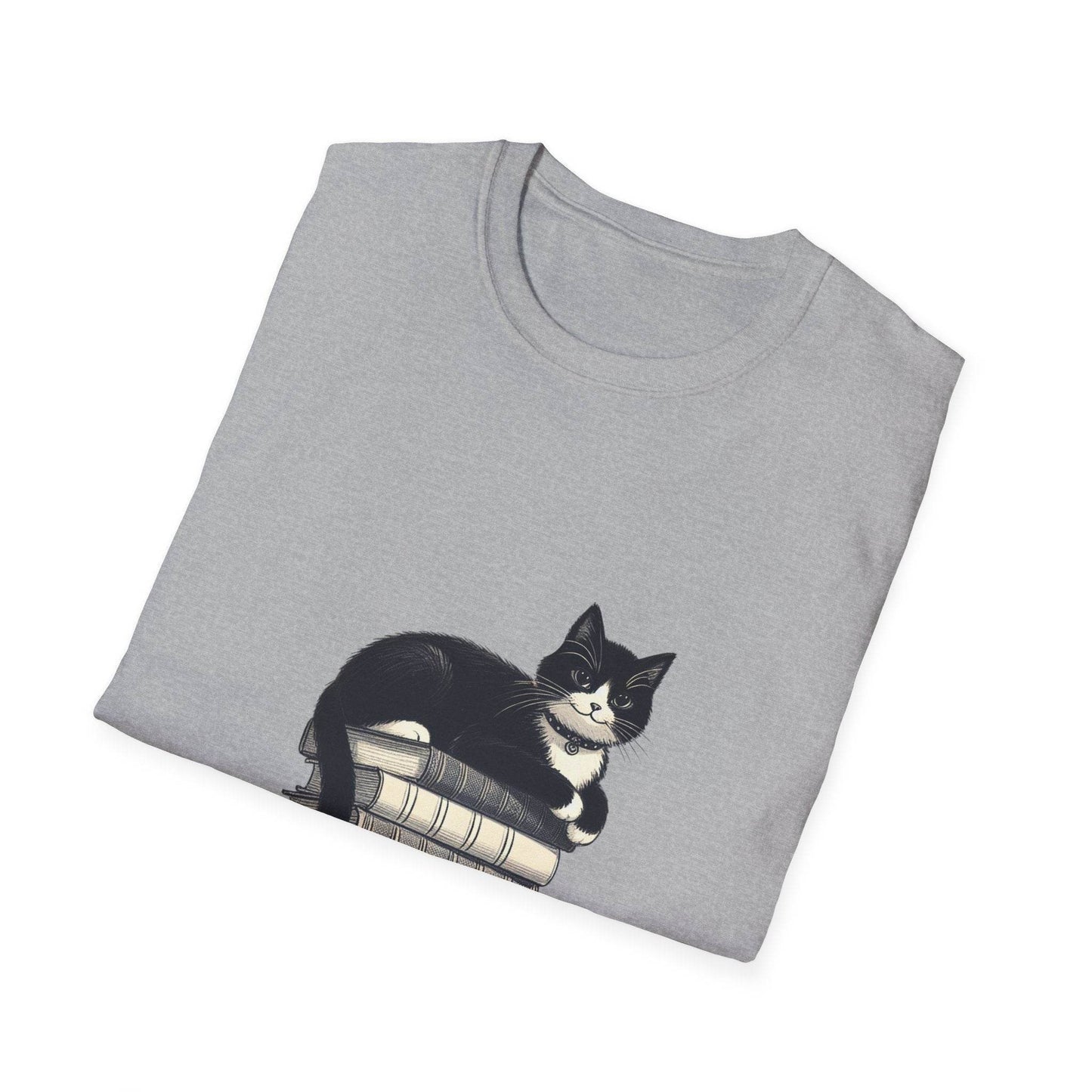 Unisex T-Shirt - Vintage Cat Book Stack for Book Lovers - The Dreamer's Bookshop.