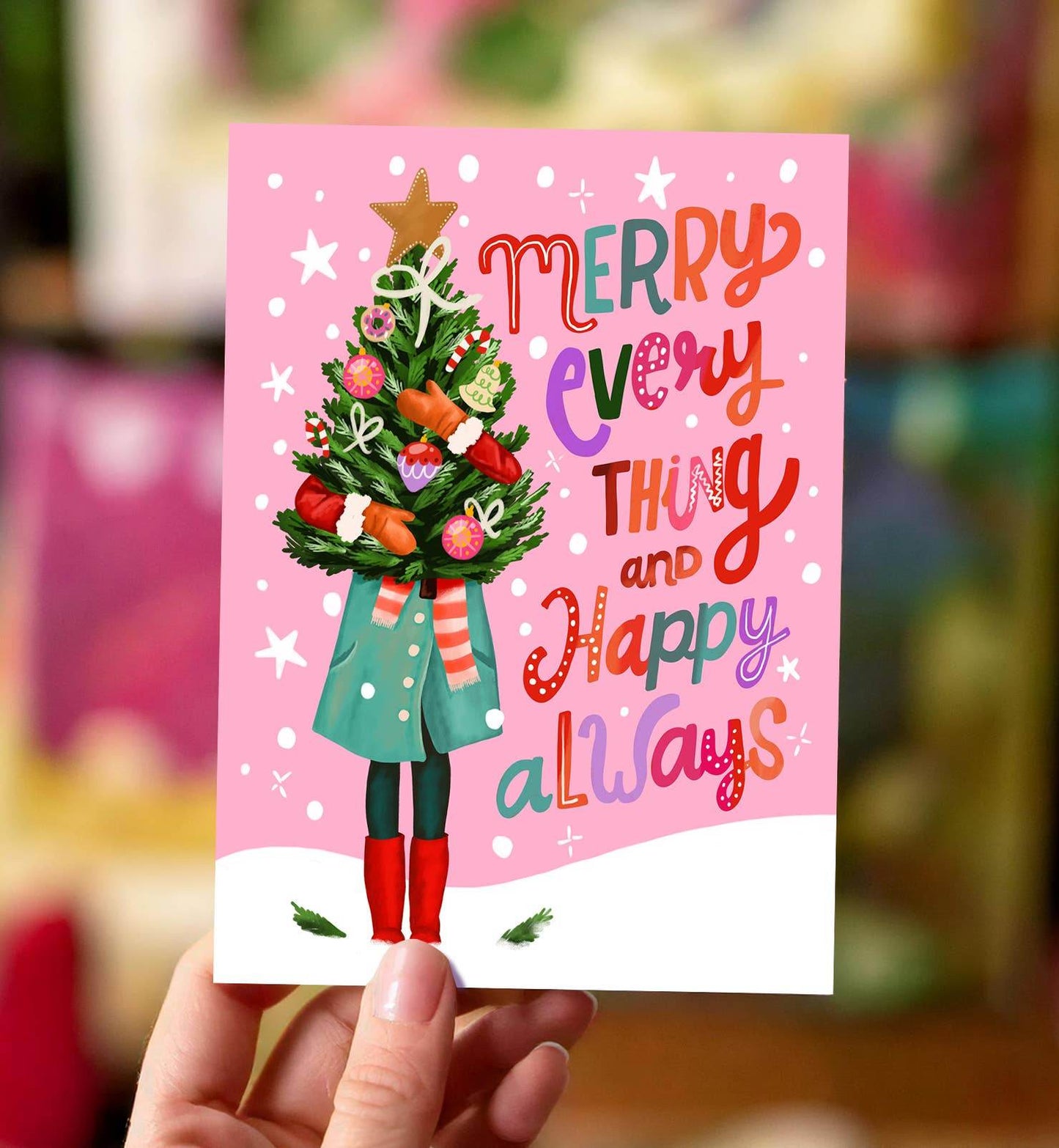 Aniet Illustration - Kerstkaart vrouw met kerstboom merry everything happy always - The Dreamer's Bookshop.