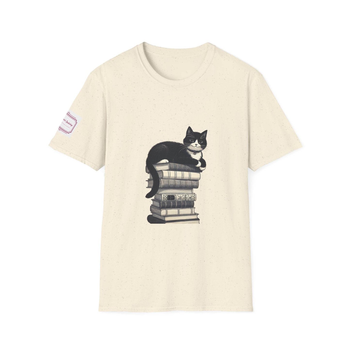Unisex T-Shirt - Vintage Cat Book Stack for Book Lovers - The Dreamer's Bookshop.