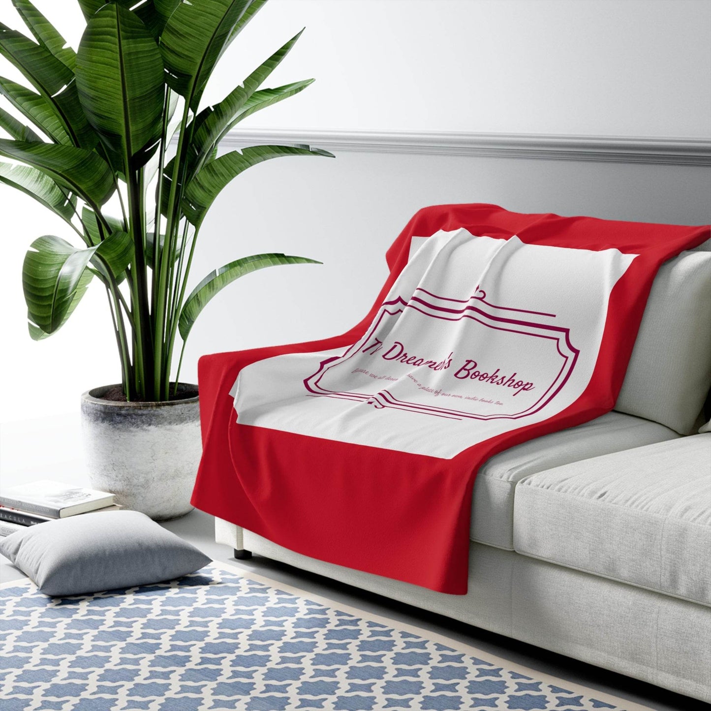 Red Cozy Sherpa Fleece Blanket - 'The Dreamer's Bookshop' Design - The Dreamer's Bookshop.