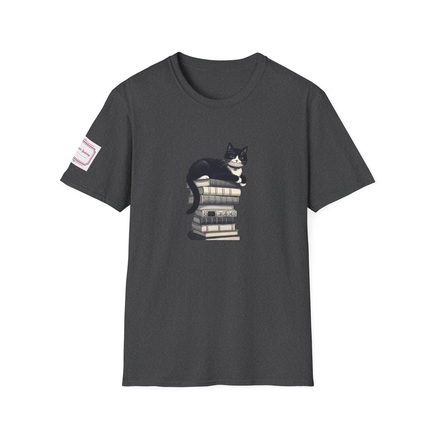 Unisex Softstyle T-Shirt - Vintage Cat Book Stack Bookworm - The Dreamer's Bookshop.
