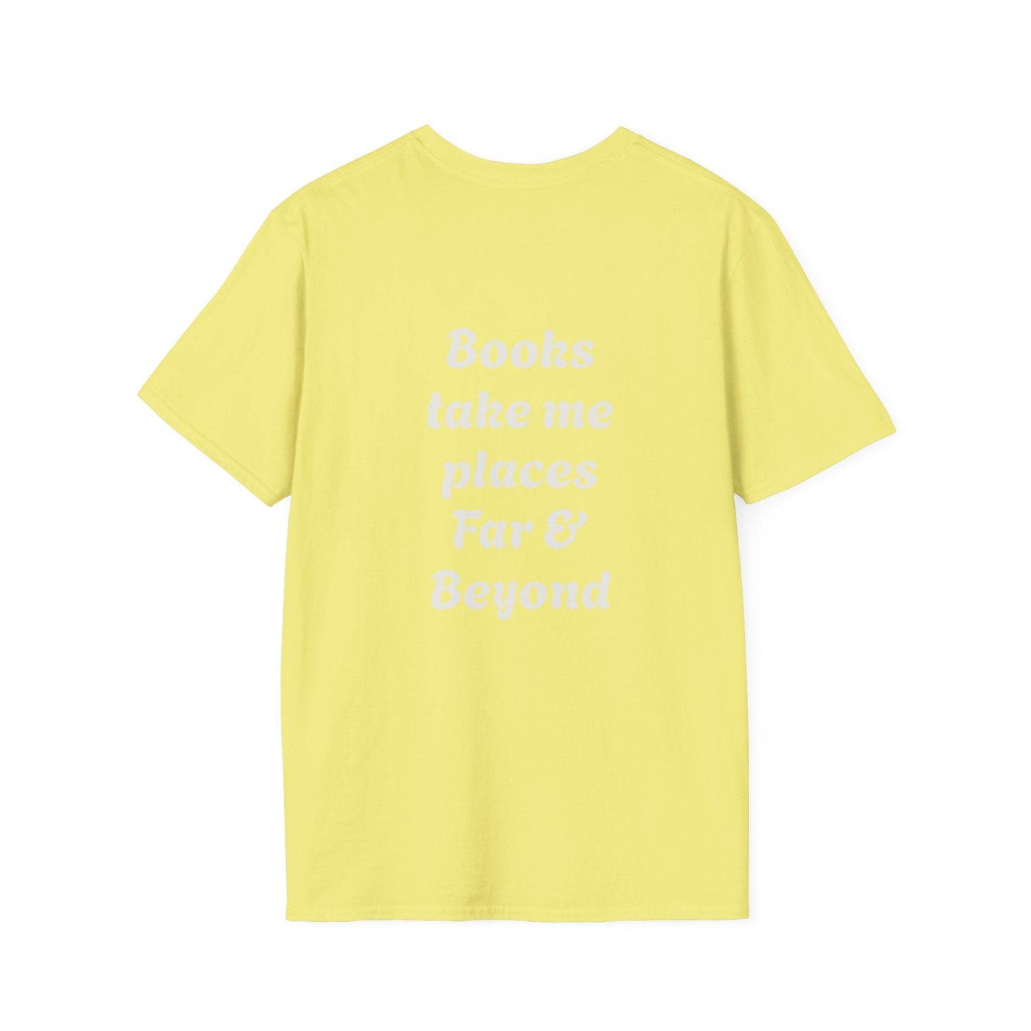 Unisex Softstyle T-Shirt - 'I'm a Traveller of Worlds' & 'Books Take Me Places Far & Beyond' - The Dreamer's Bookshop.