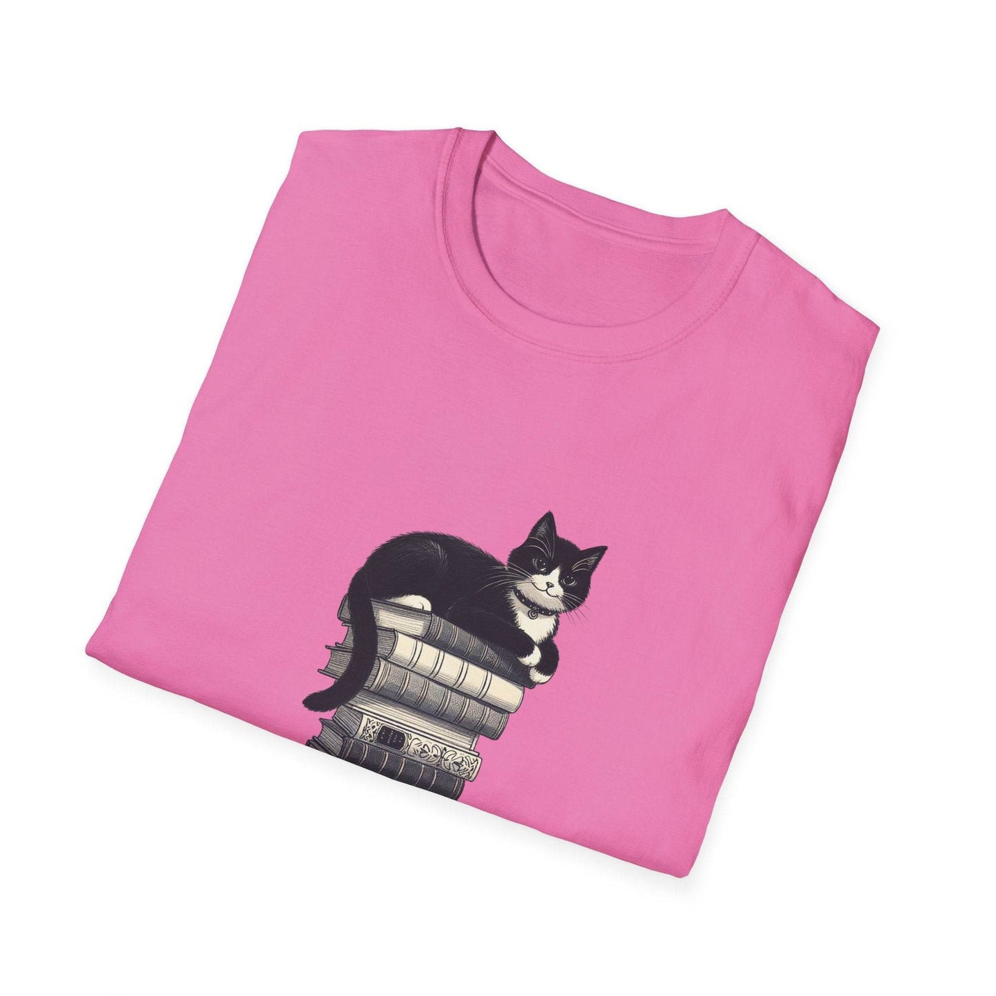 Unisex Softstyle T-Shirt - Vintage Cat Book Stack Booklover - The Dreamer's Bookshop.