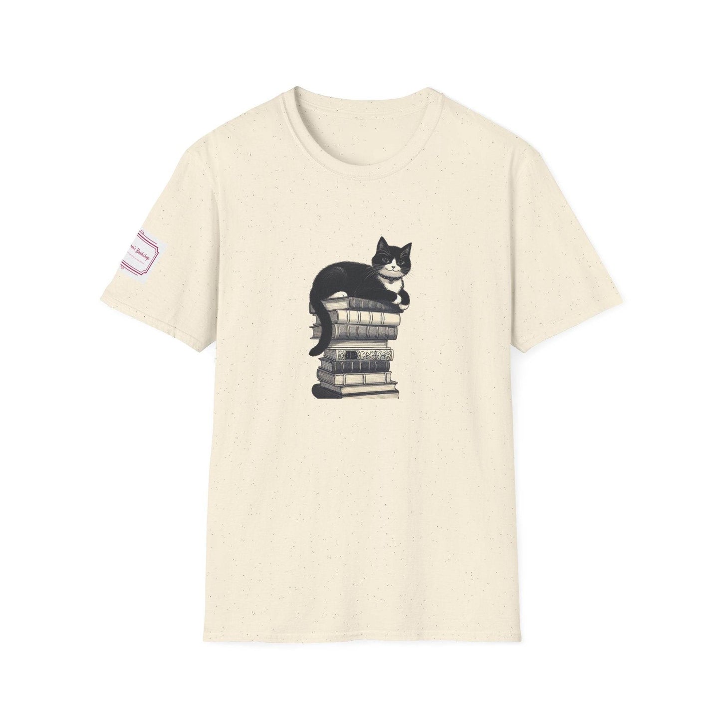 Unisex Softstyle T-Shirt - Vintage Cat Book Stack Bookworm - The Dreamer's Bookshop.
