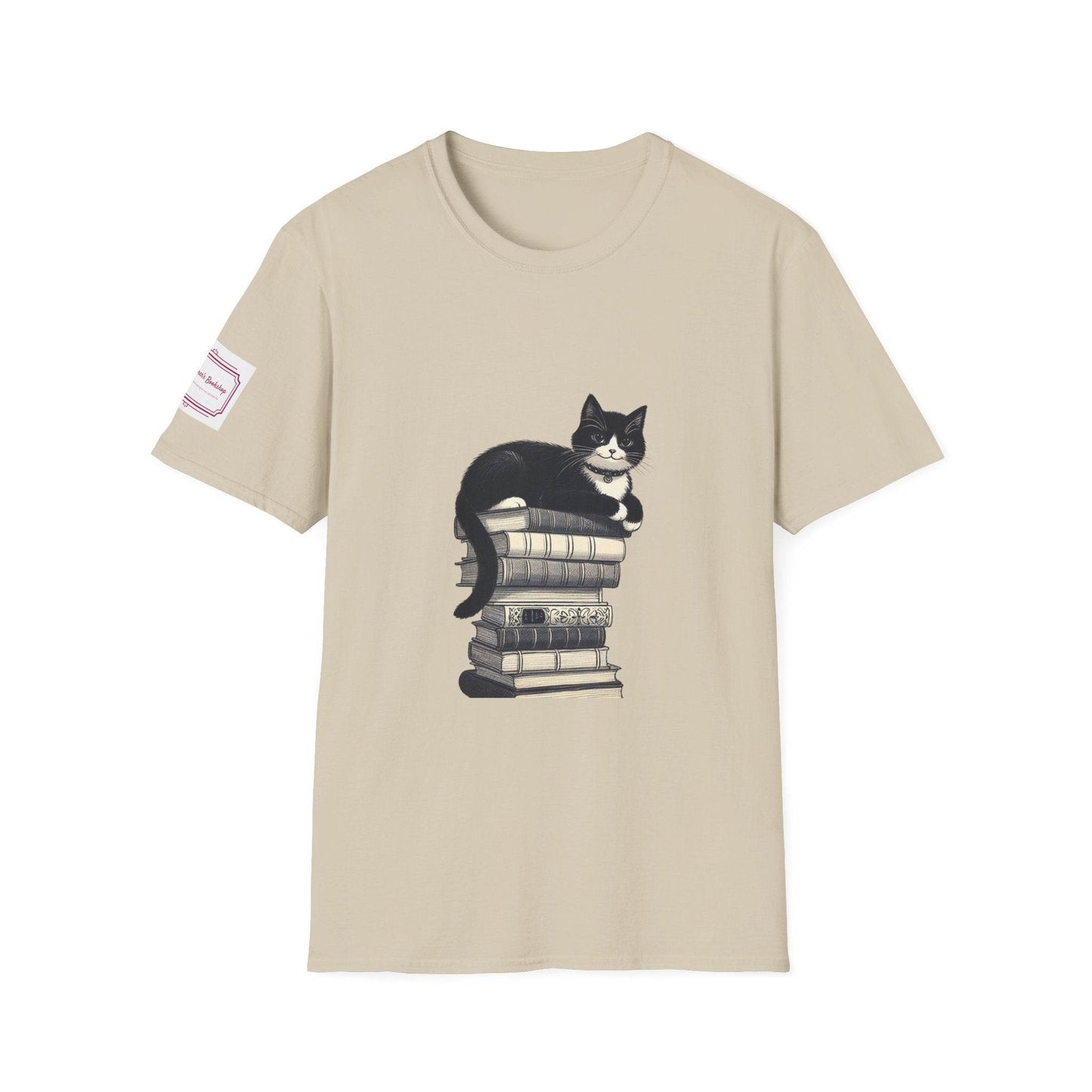Unisex T-Shirt - Vintage Cat Book Stack for Book Lovers - The Dreamer's Bookshop.