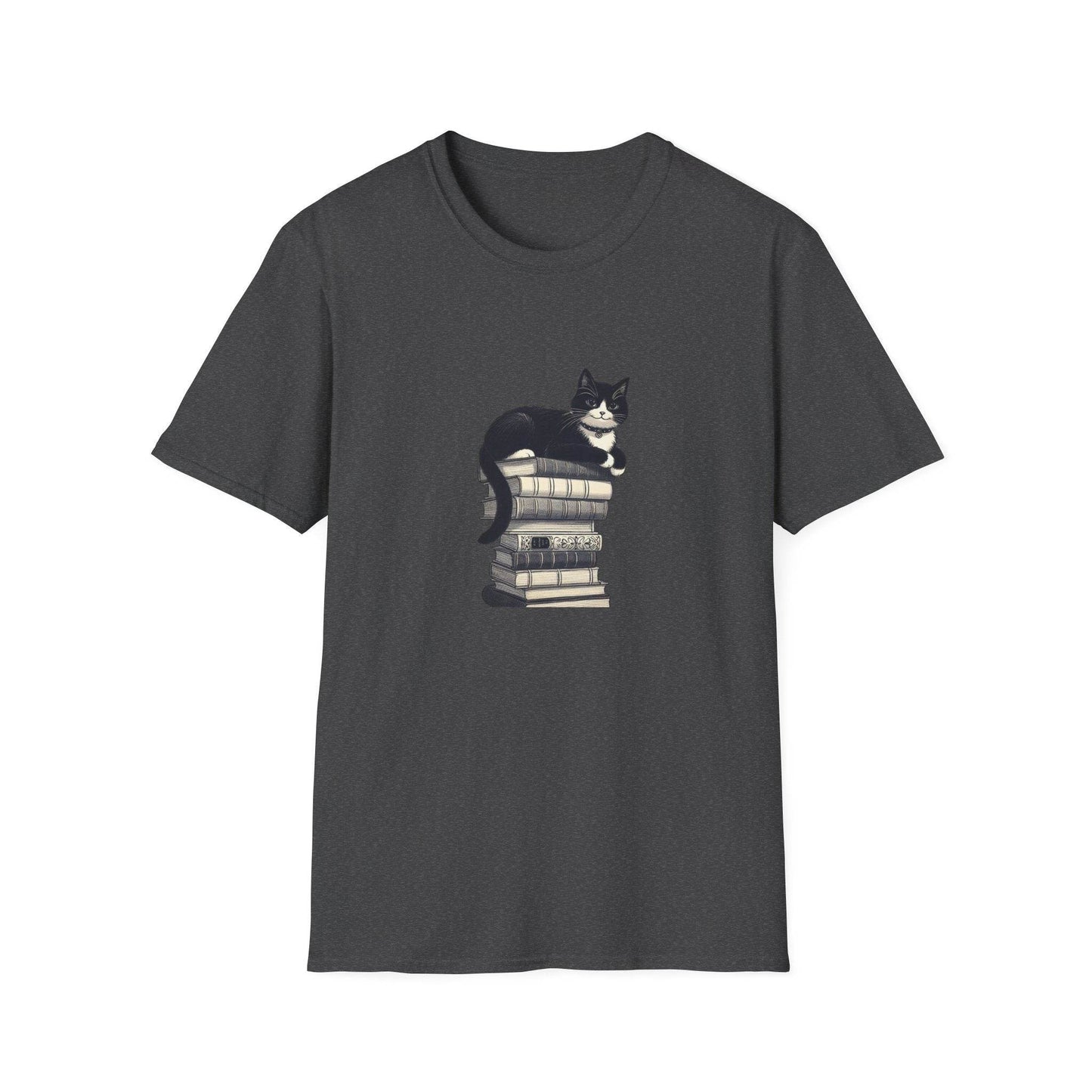 Unisex Softstyle T-Shirt - Vintage Cat Book Stack Booklover - The Dreamer's Bookshop.