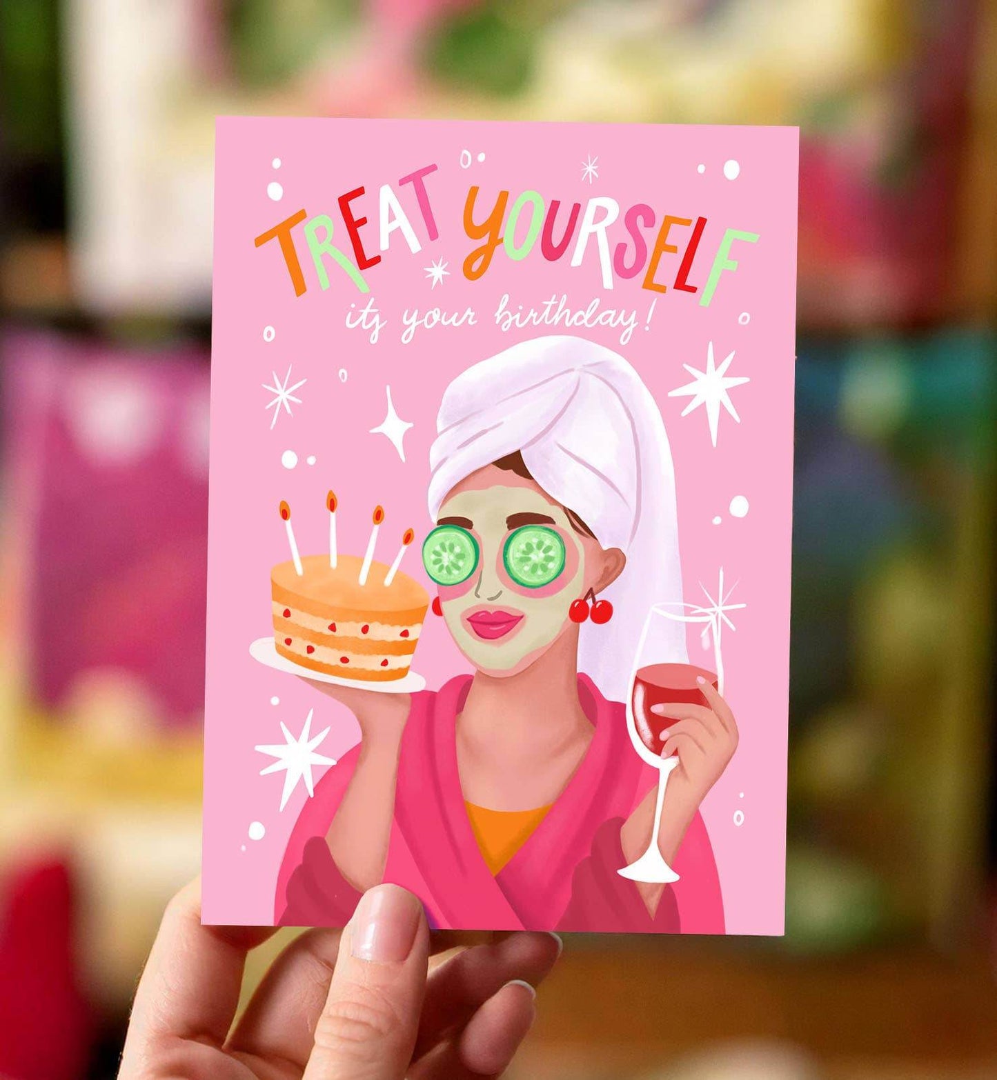 Aniet Illustration - Kaart verjaardag vrouw met taart en wijn verwen jezelf roze - The Dreamer's Bookshop.