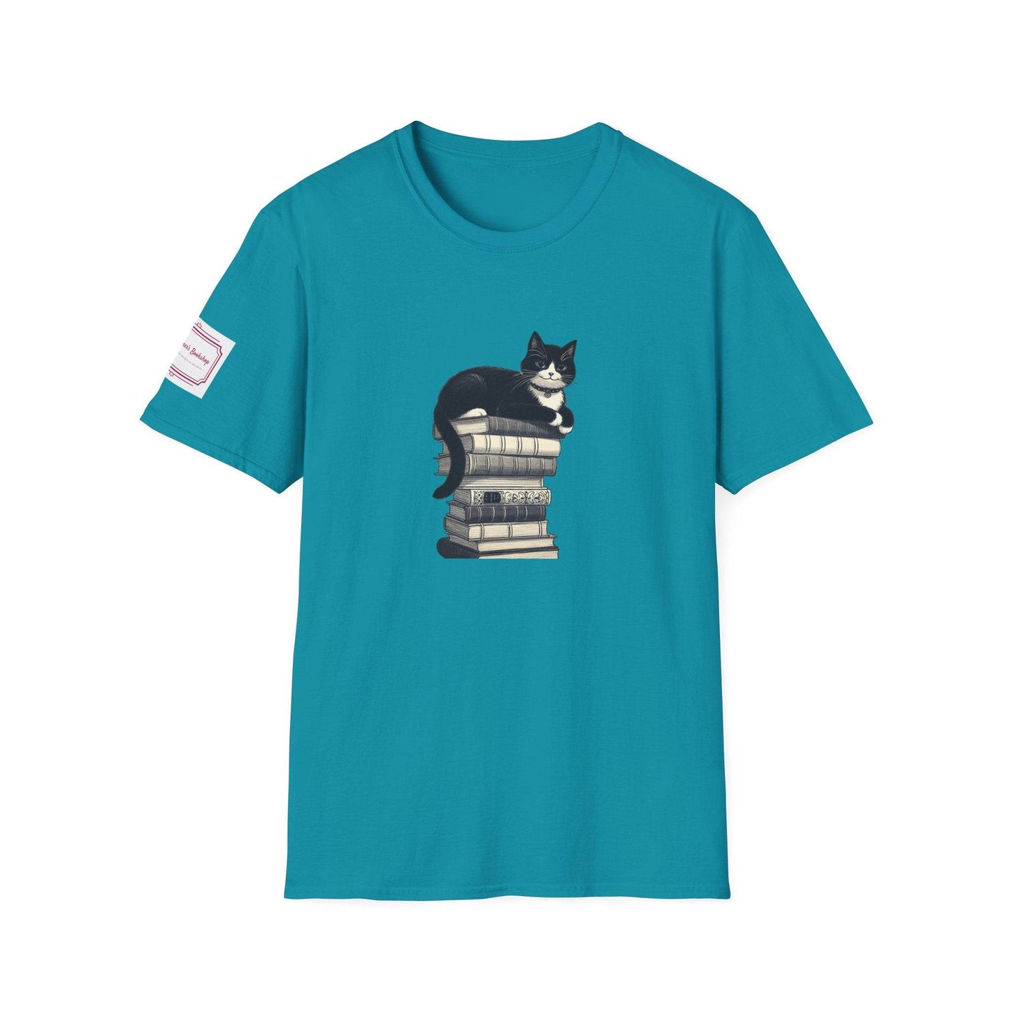 Unisex Softstyle T-Shirt - Vintage Cat Book Stack Bookworm - The Dreamer's Bookshop.