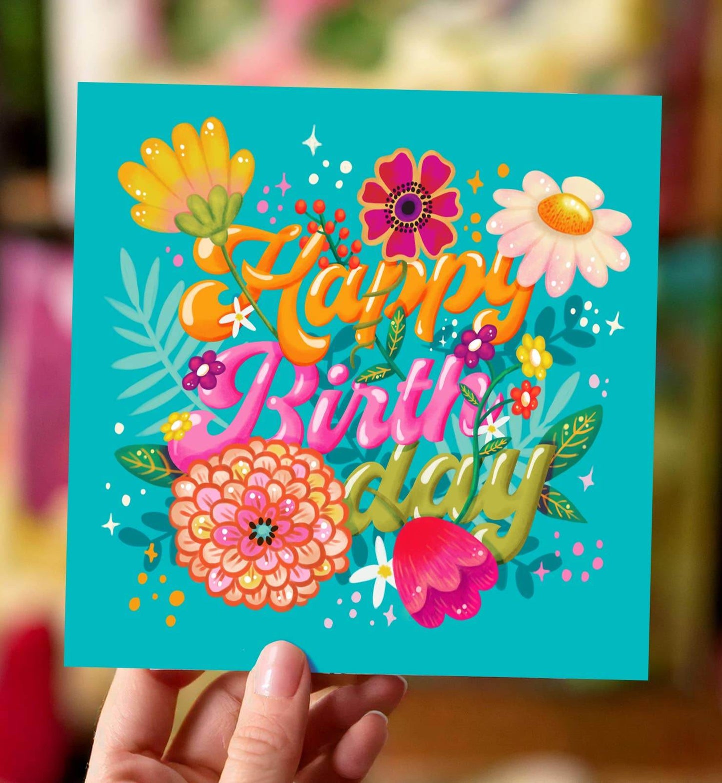Aniet Illustration - Kaart verjaardag tekst happy birthday met bloemen vrolijk - The Dreamer's Bookshop.