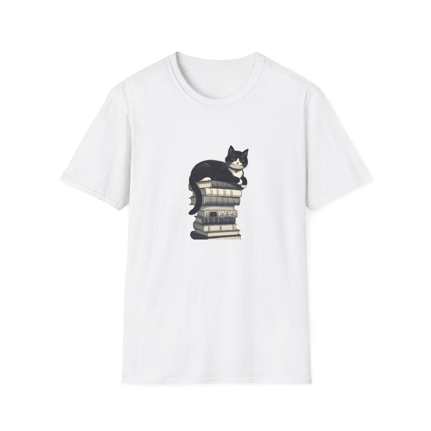 Unisex Softstyle T-Shirt - Vintage Cat Book Stack Booklover - The Dreamer's Bookshop.