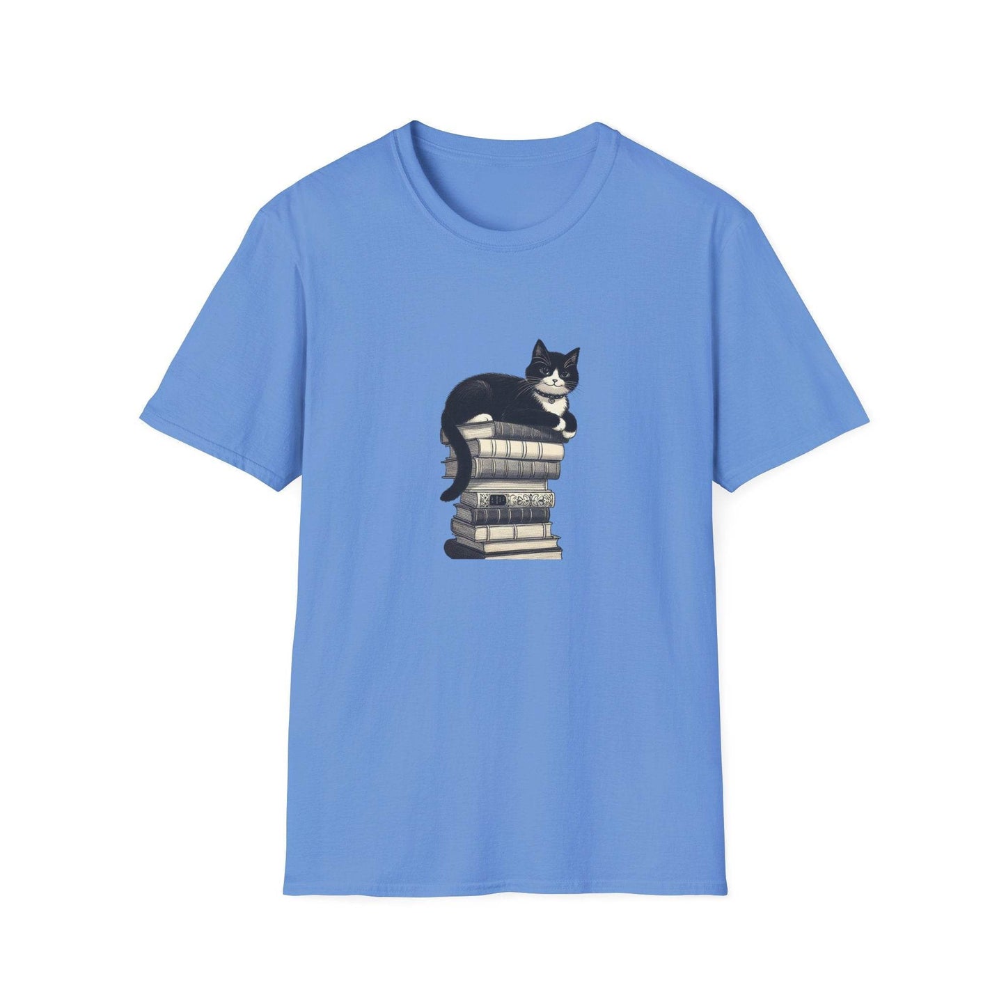 Unisex Softstyle T-Shirt - Vintage Cat Book Stack Booklover - The Dreamer's Bookshop.