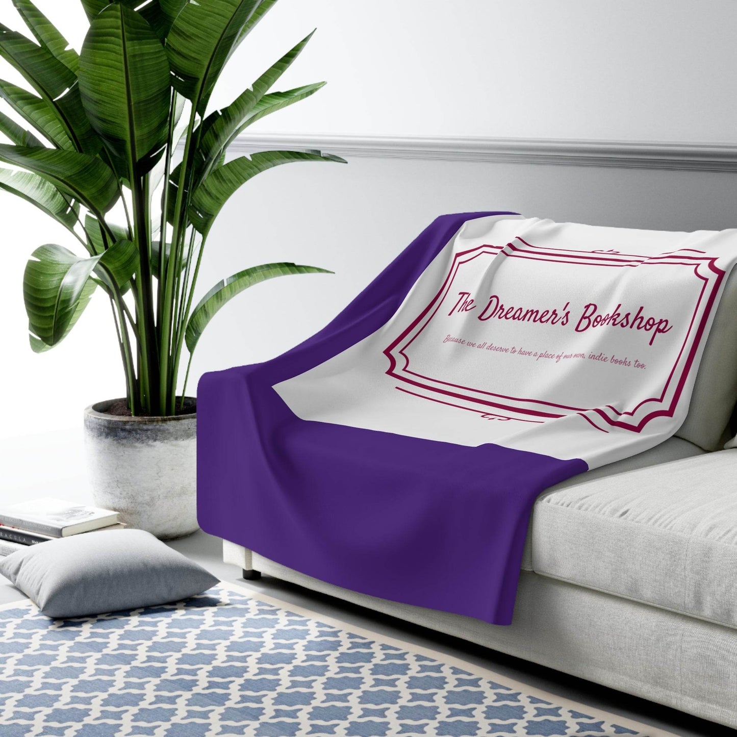 Purple Cozy Sherpa Fleece Blanket - 'The Dreamer's Bookshop' Design - The Dreamer's Bookshop.