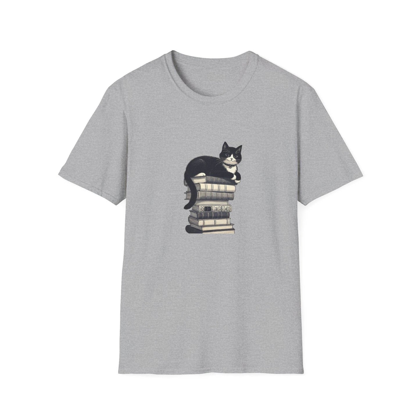 Unisex Softstyle T-Shirt - Vintage Cat Book Stack Booklover - The Dreamer's Bookshop.