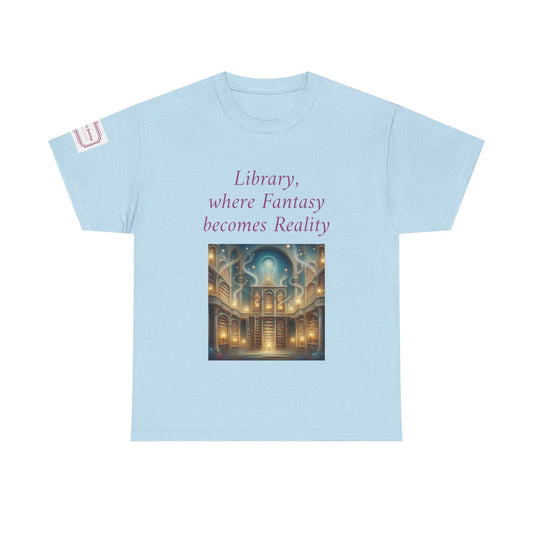 Library, Fantasy, Reality - Unisex Heavy Cotton Tee - Book Lovers - The Dreamer's Bookshop.