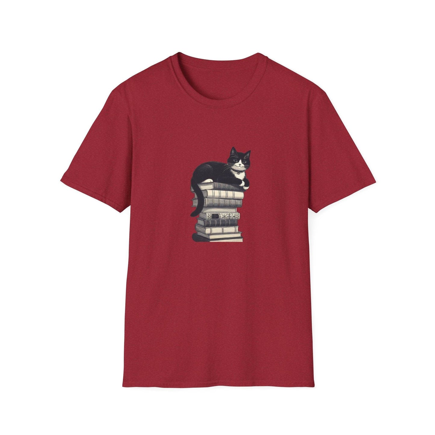 Unisex Softstyle T-Shirt - Vintage Cat Book Stack Booklover - The Dreamer's Bookshop.