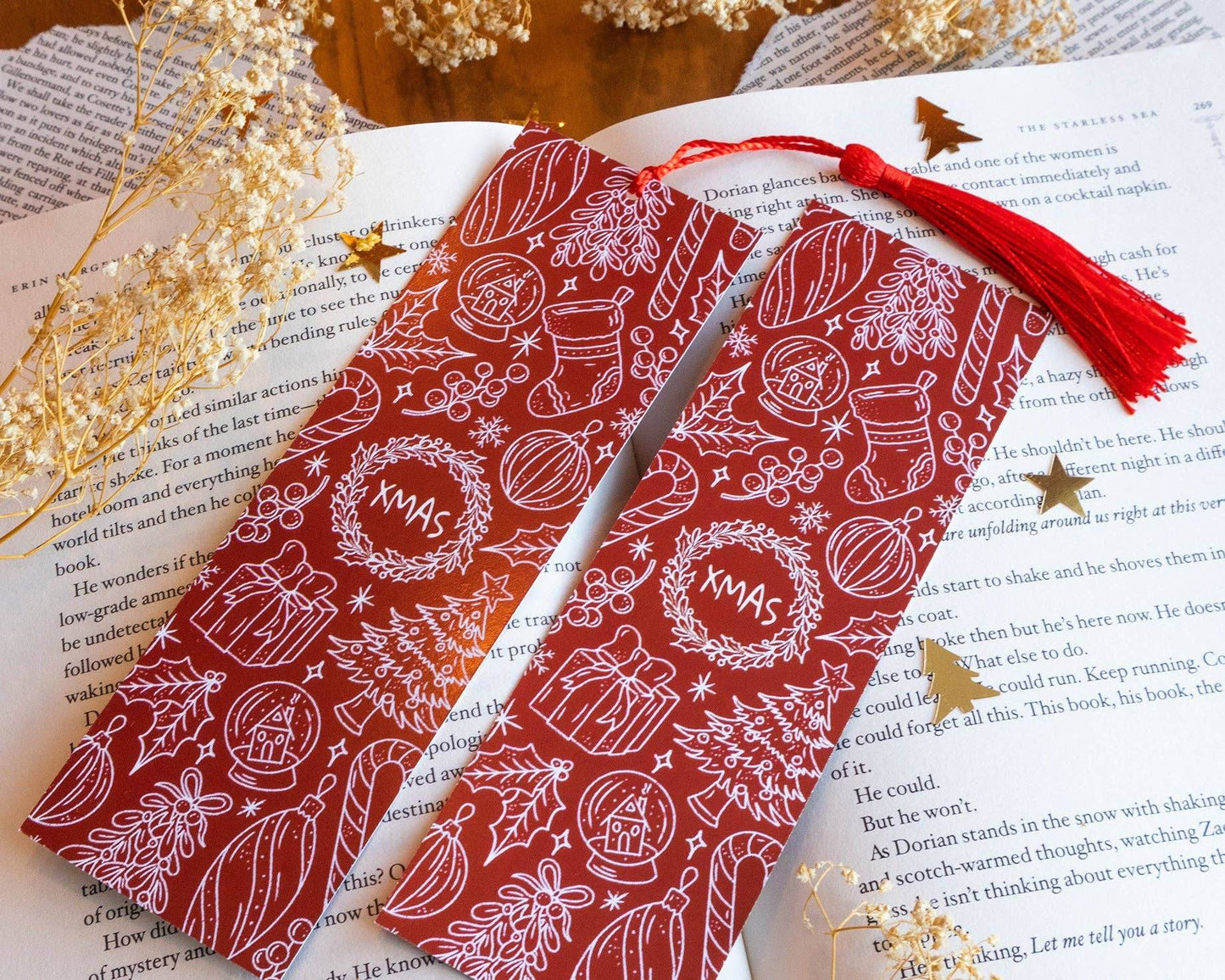 Basically Britt - Red Christmas Bookmark with Festive Holiday Doodles - The Dreamer's Bookshop.