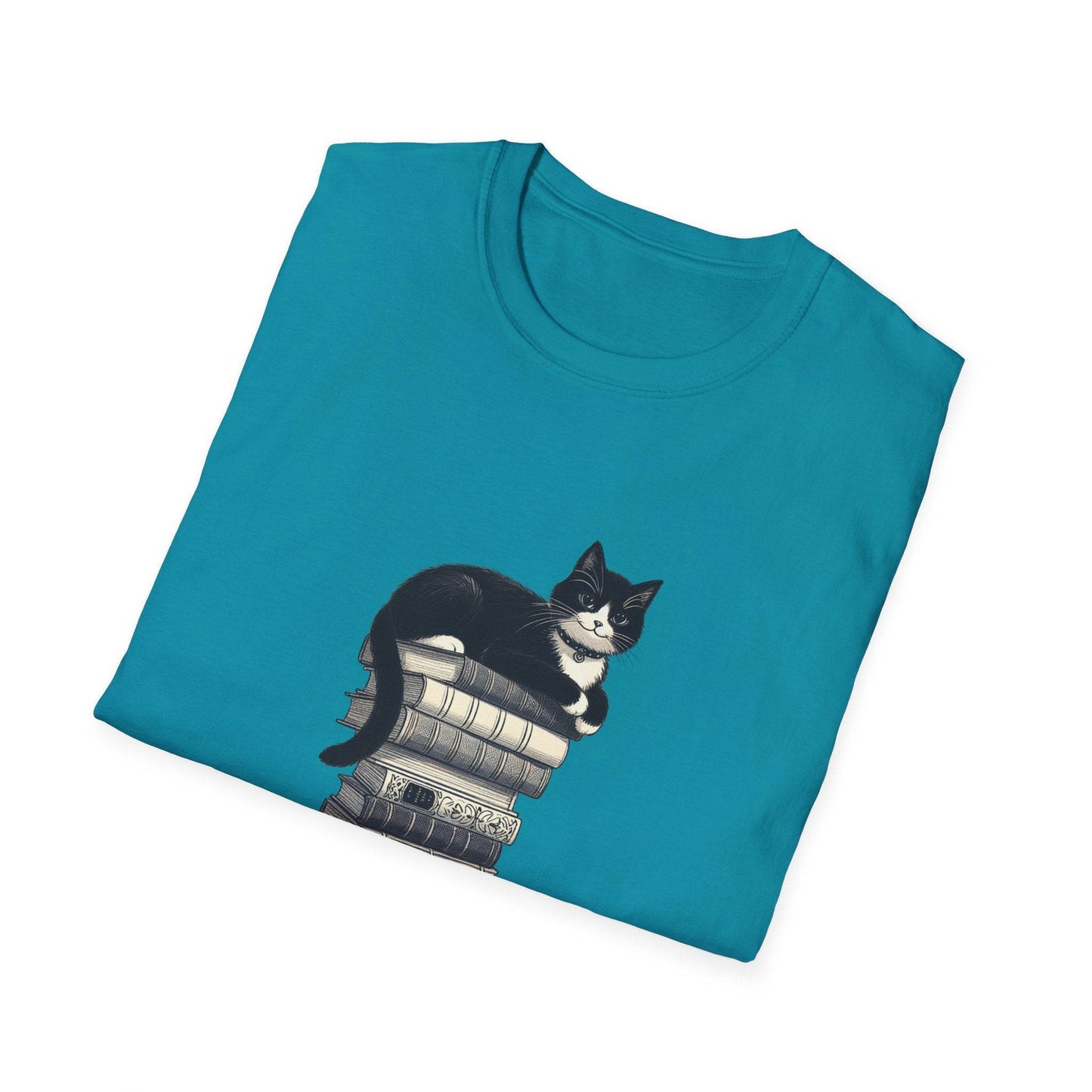 Unisex Softstyle T-Shirt - Vintage Cat Book Stack Bookworm - The Dreamer's Bookshop.