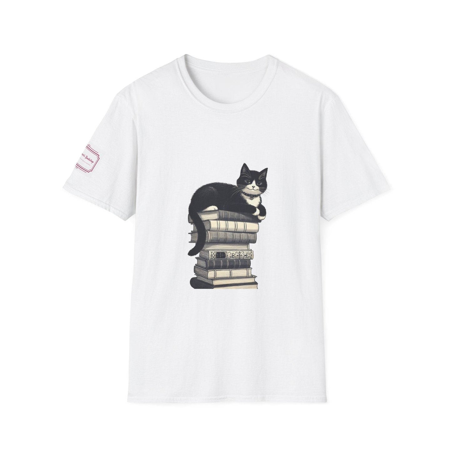 Unisex T-Shirt - Vintage Cat Book Stack for Book Lovers - The Dreamer's Bookshop.
