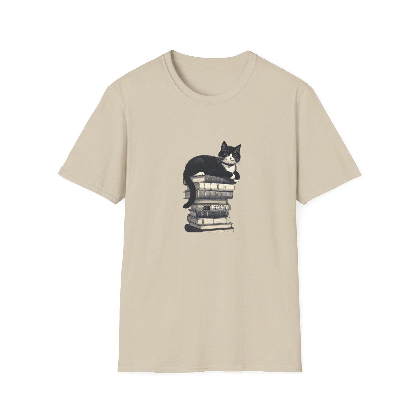 Unisex Softstyle T-Shirt - Vintage Cat Book Stack Booklover - The Dreamer's Bookshop.