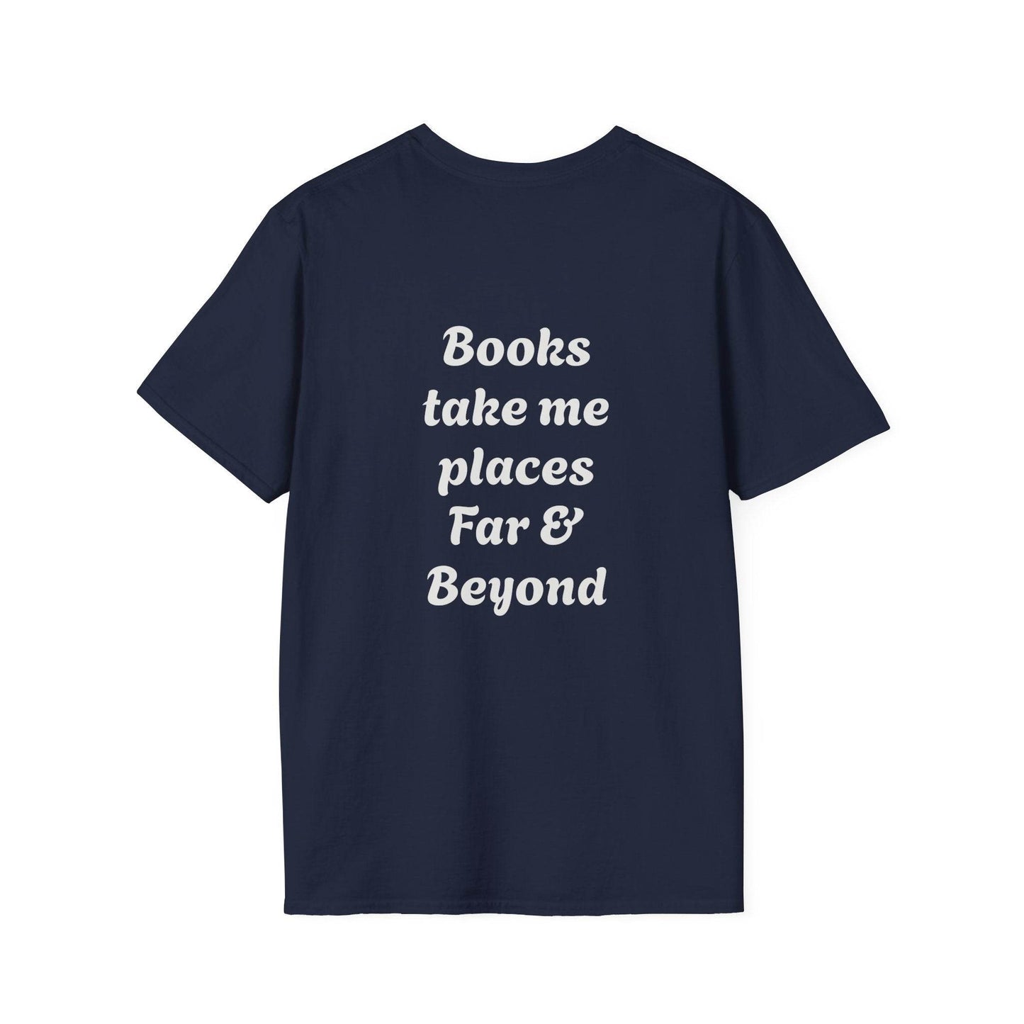 Unisex Softstyle T-Shirt - 'I'm a Traveller of Worlds' & 'Books Take Me Places Far & Beyond' - The Dreamer's Bookshop.