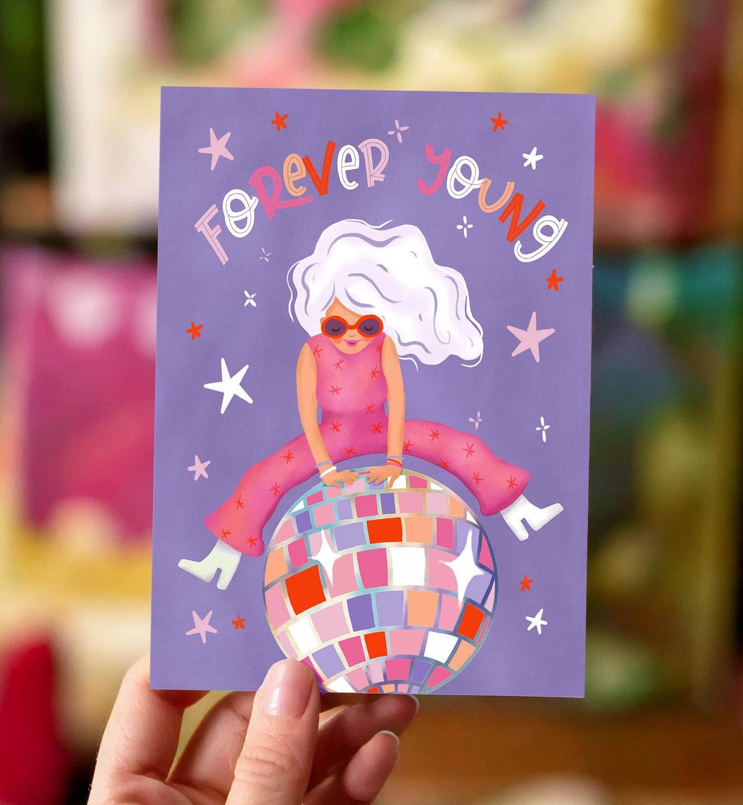 Aniet Illustration - Kaart verjaardag felicitatie vrouw discobal forever young - The Dreamer's Bookshop.