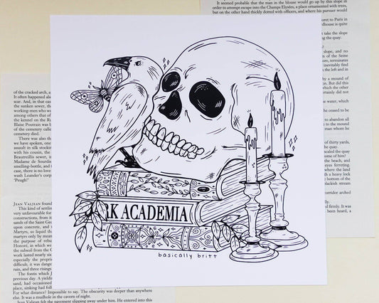 Basically Britt - Dark Academia Print with a skull on a stack of books - The Dreamer's Bookshop.