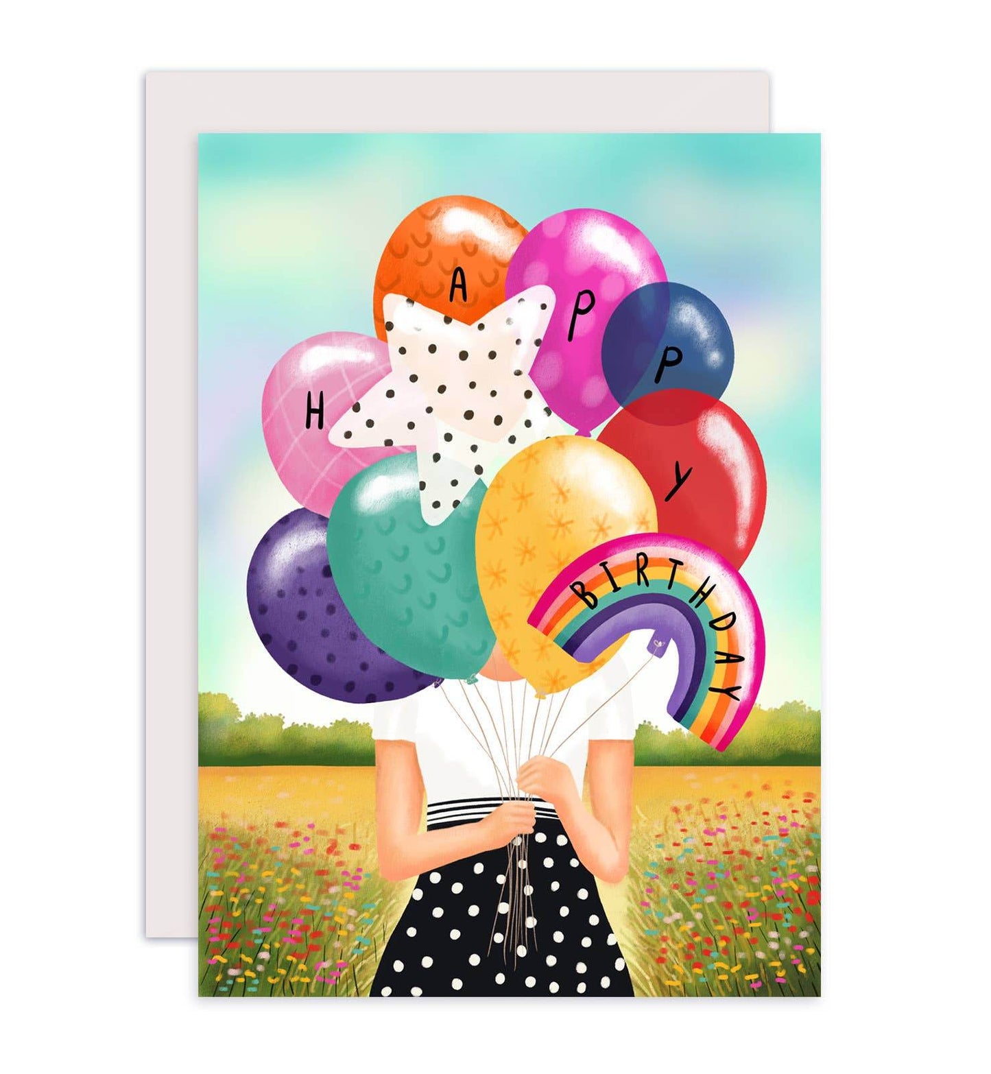 Aniet Illustration - Kaart verjaardag felicitatie vrouw met ballonnen - The Dreamer's Bookshop.