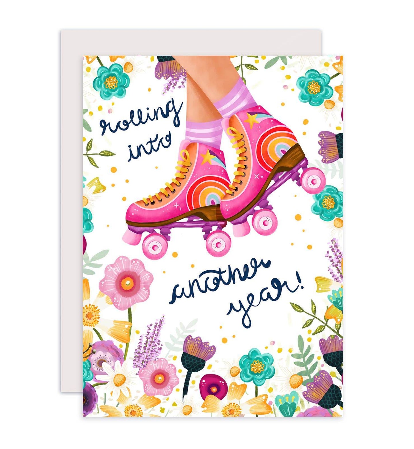 Aniet Illustration - Kaart verjaardag rolschaatsen felicitatie bloemen roze - The Dreamer's Bookshop.