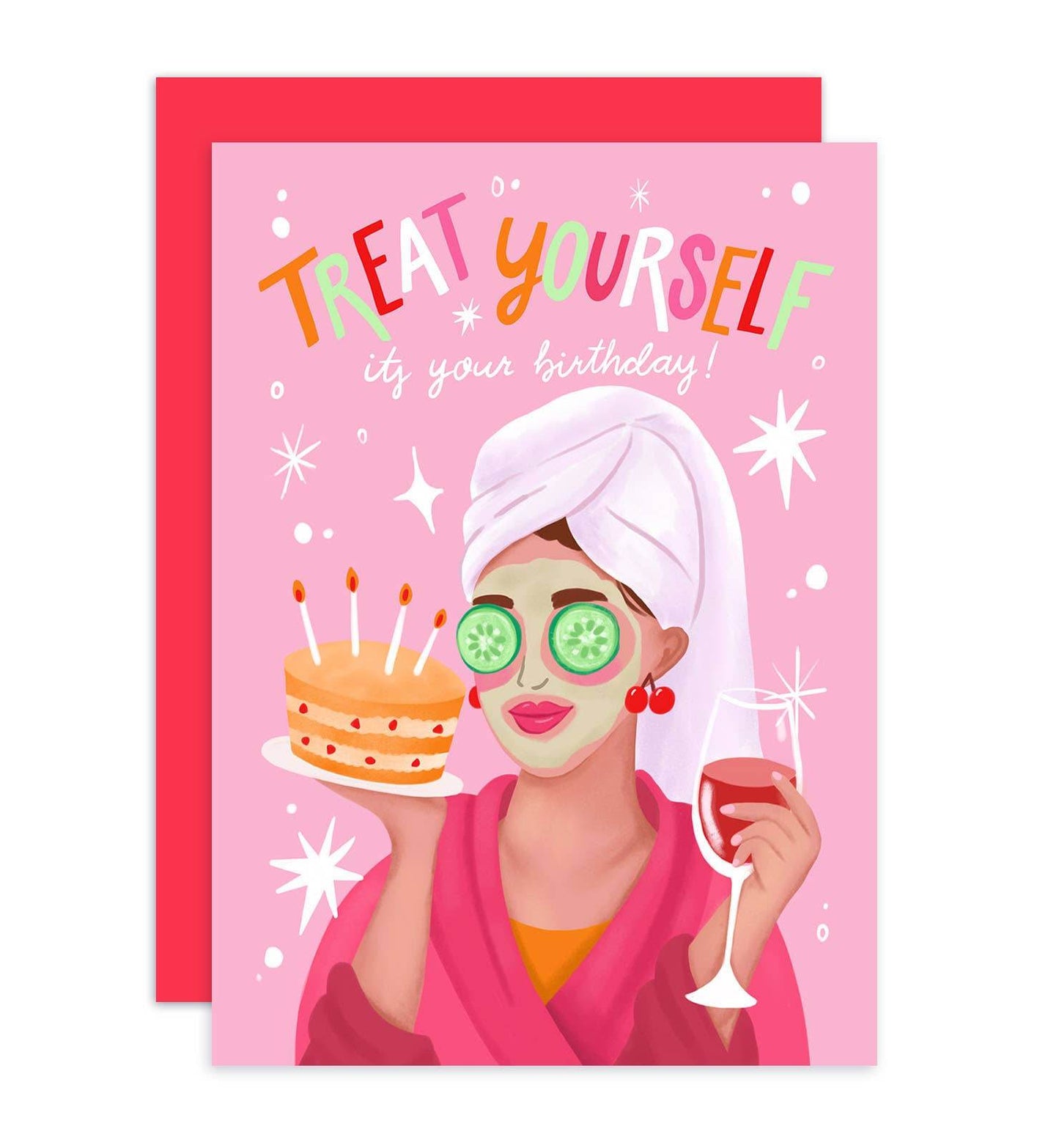 Aniet Illustration - Kaart verjaardag vrouw met taart en wijn verwen jezelf roze - The Dreamer's Bookshop.