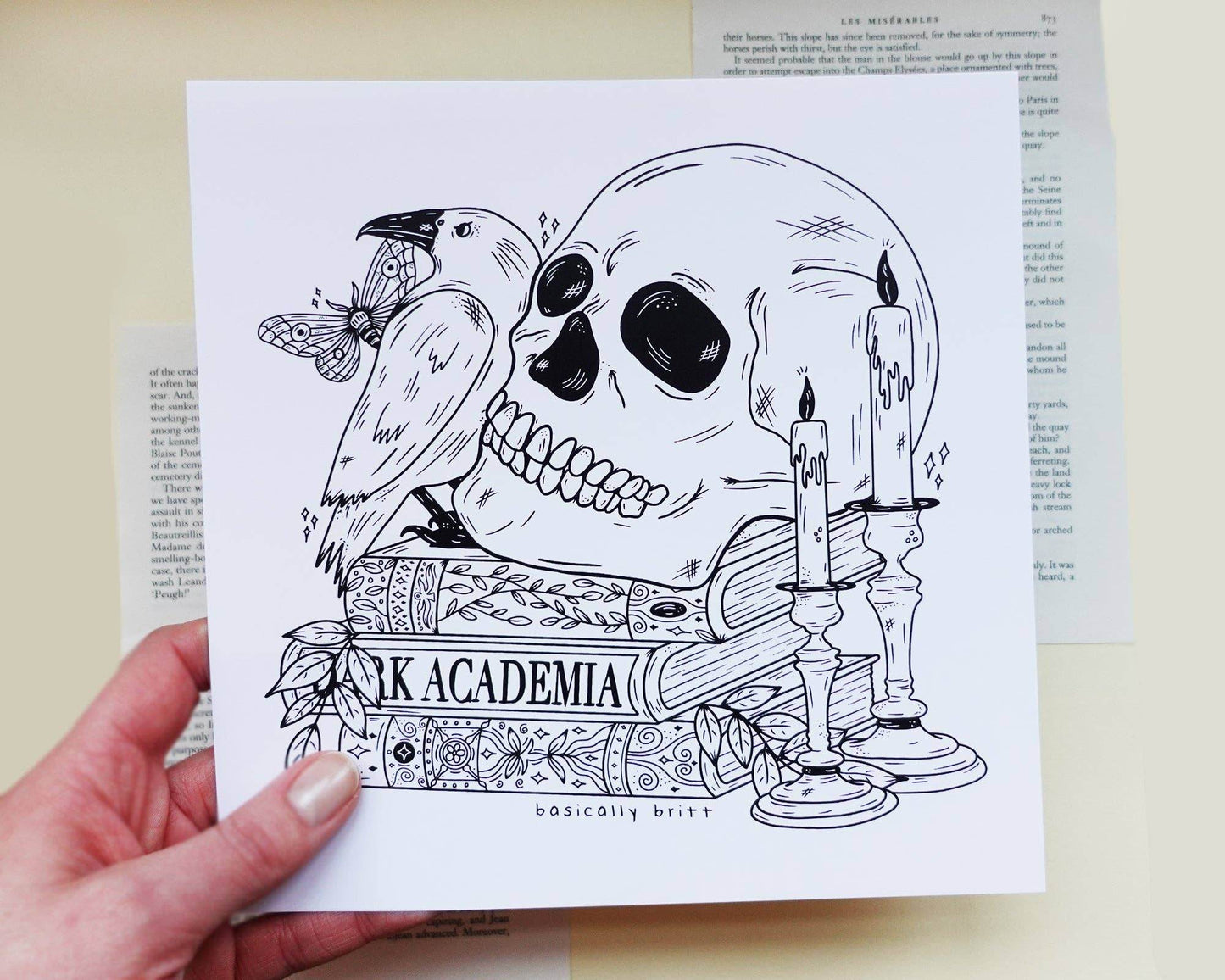 Basically Britt - Dark Academia Print with a skull on a stack of books - The Dreamer's Bookshop.