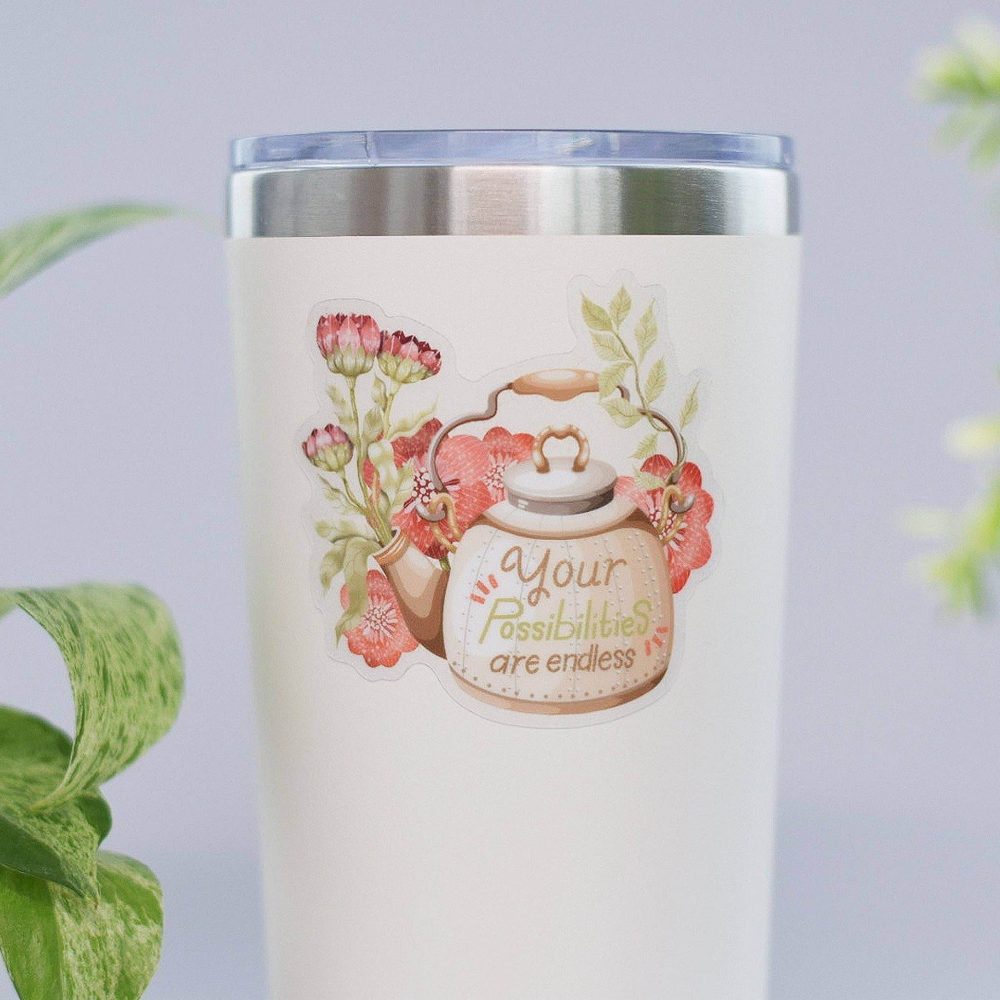 LETTOOn - Doorzichtige vinylsticker - Theepot met bloemen - The Dreamer's Bookshop.