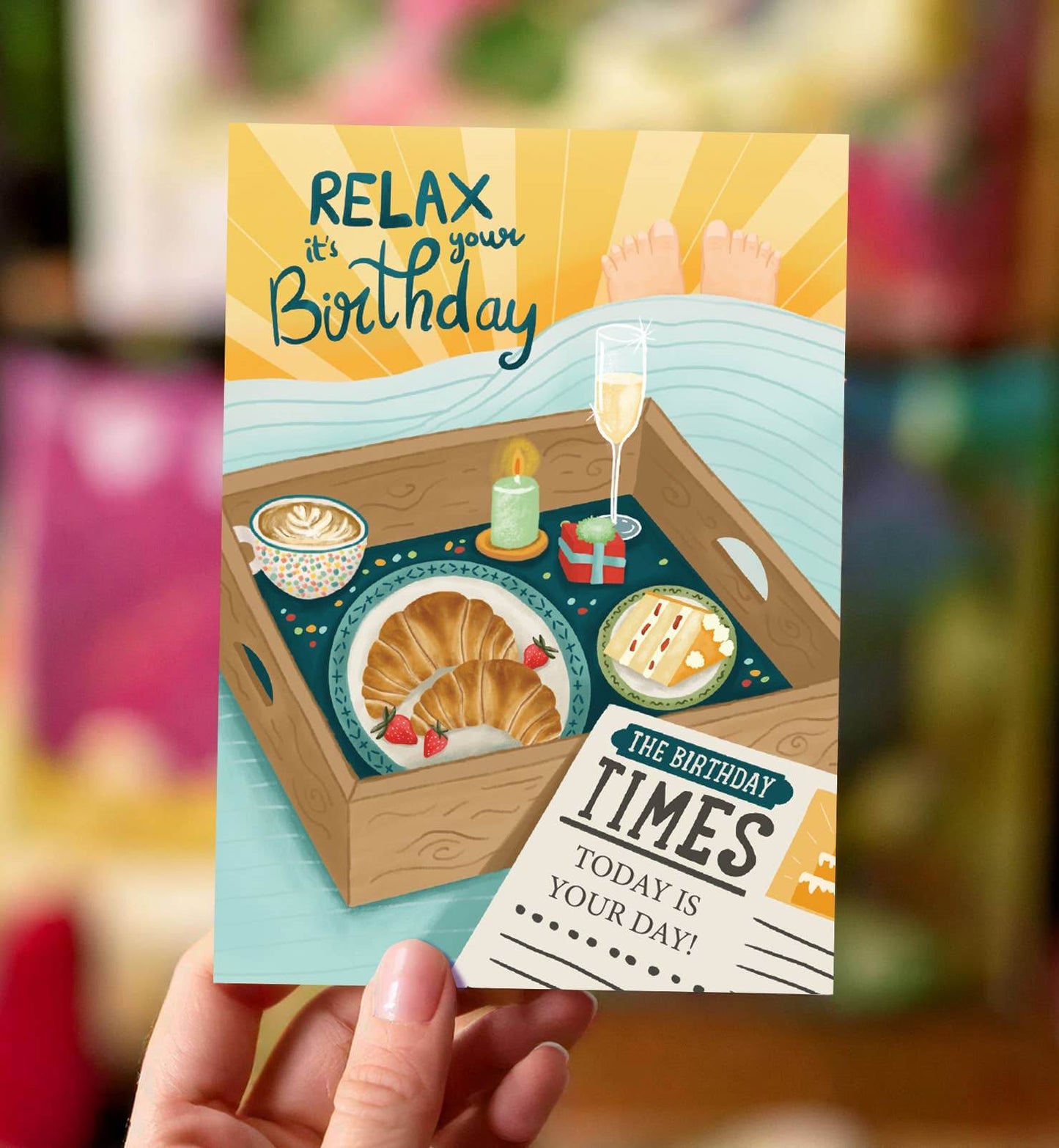 Aniet Illustration - Kaart verjaardag felicitatie man met dienblad en krant relax - The Dreamer's Bookshop.