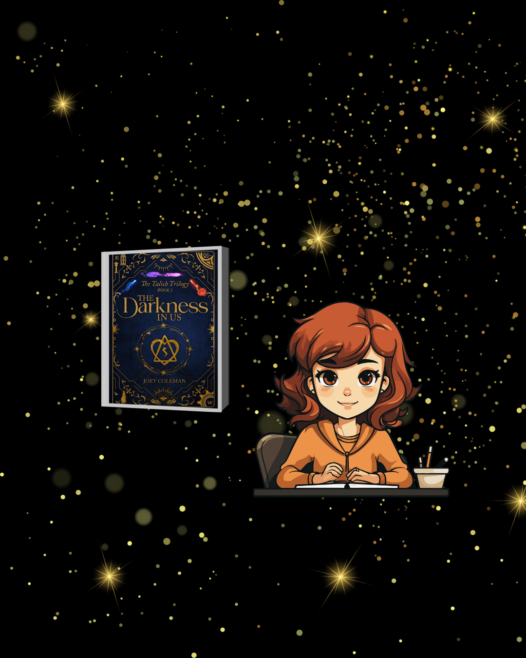 A brown haired woman with a book cover