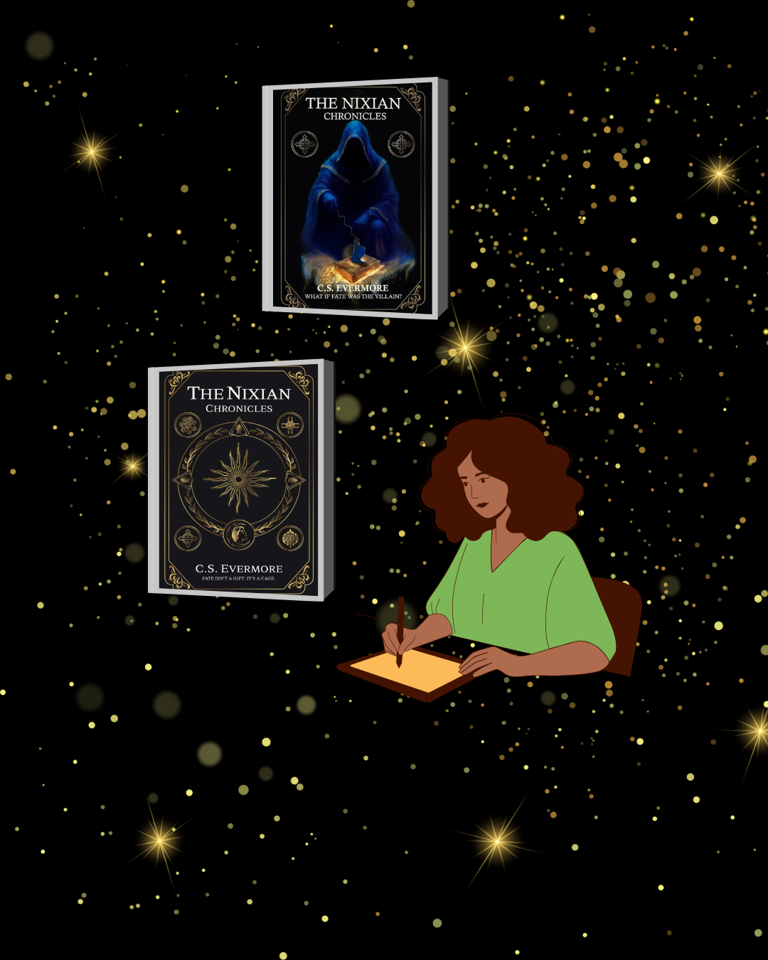 A black woman author with two book covers called Nixian Chronicles.