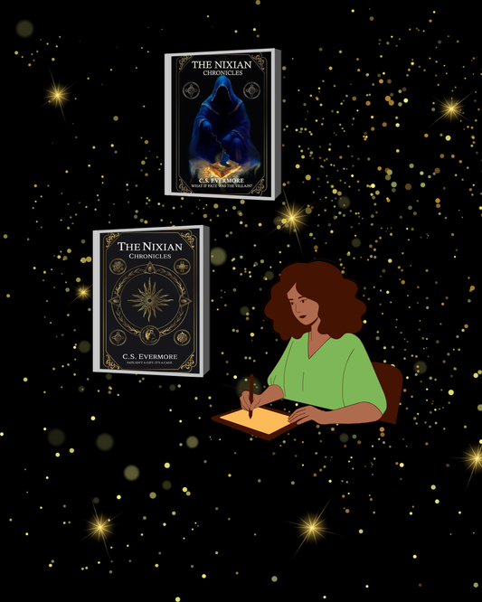 A black woman author with two book covers called Nixian Chronicles.