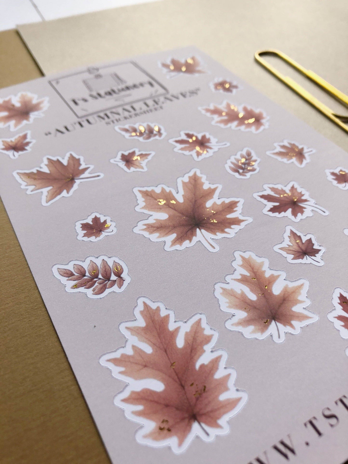 T's Stationery - Stickervel „Autumnal Leaves” in goudfolie (kastanjebruin) - The Dreamer's Bookshop.