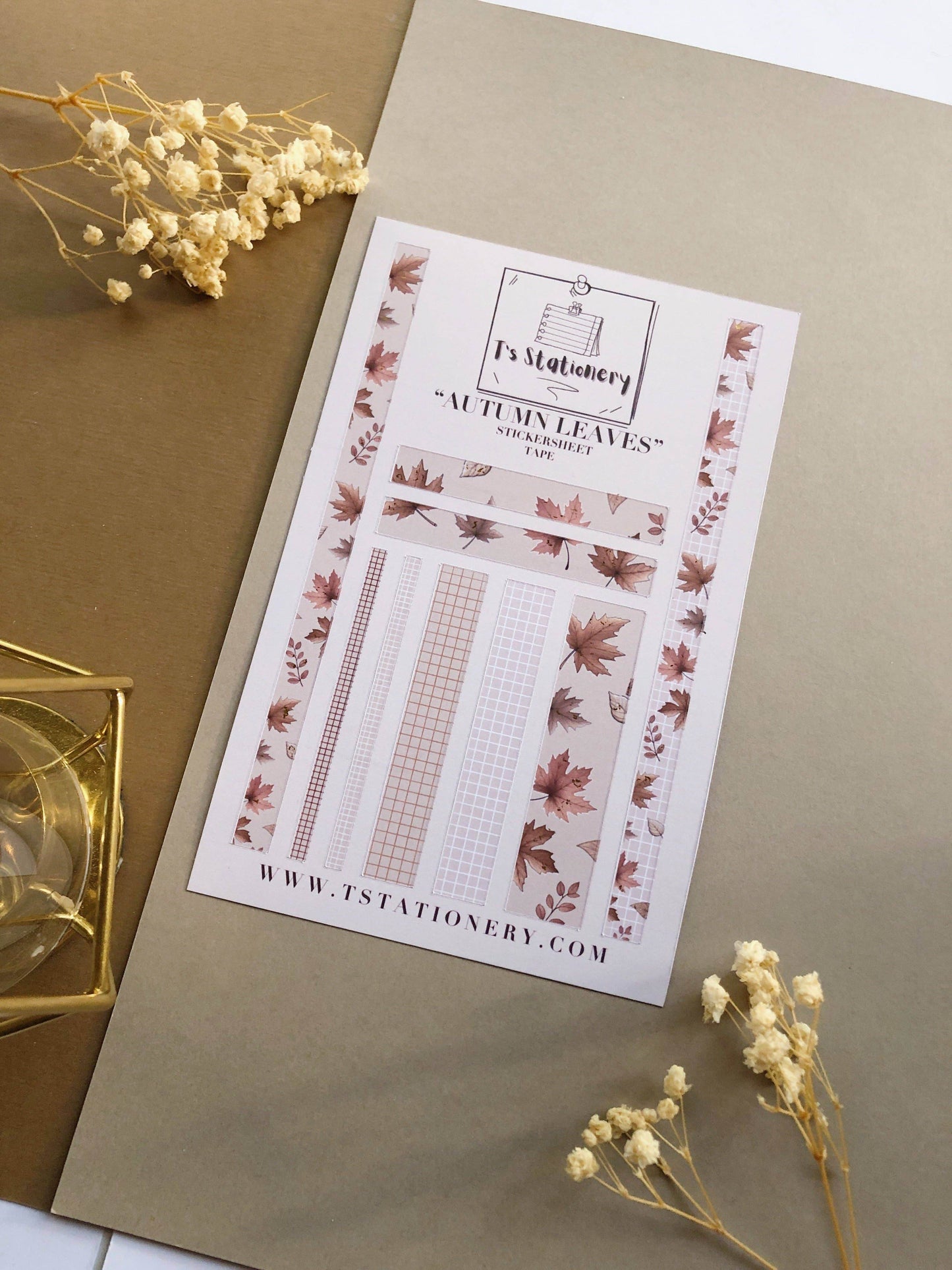 T's Stationery - Stickertape met goudfolie „Autumnal Leaves” (kastanjebruin) - The Dreamer's Bookshop.