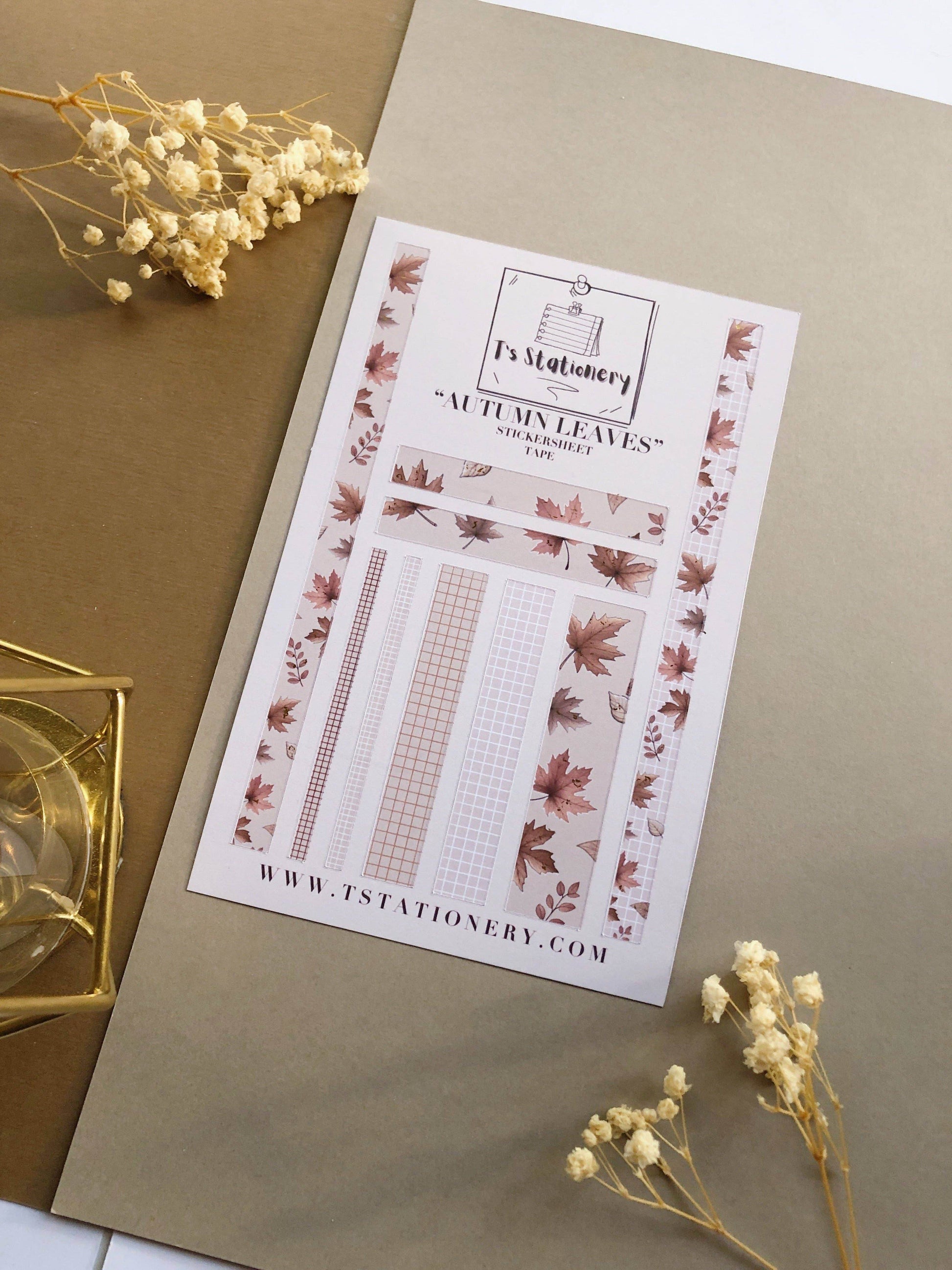 T's Stationery - Stickertape met goudfolie „Autumnal Leaves” (kastanjebruin) - The Dreamer's Bookshop.