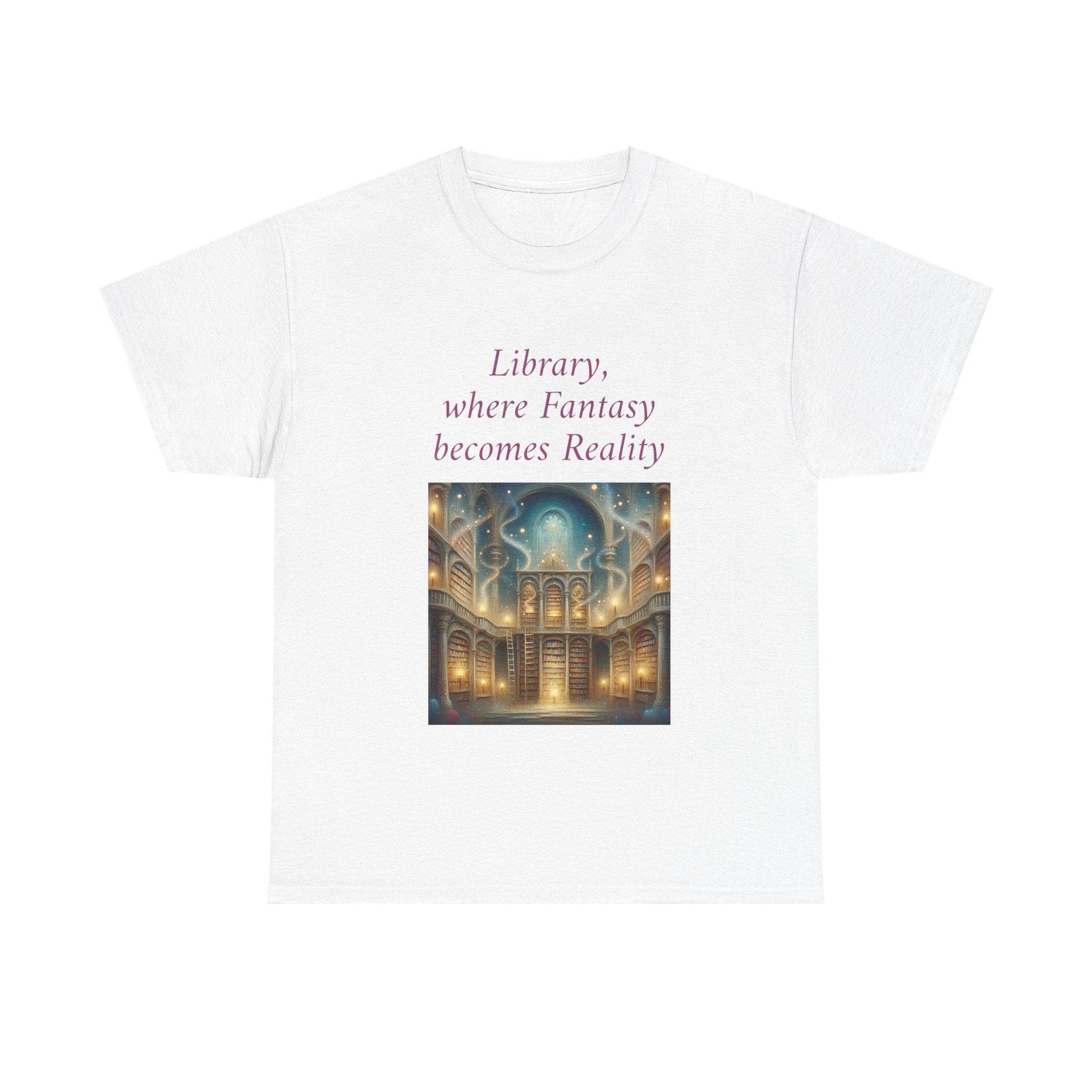 Library, Fantasy, Reality - Unisex Heavy Cotton Tee - Book Lovers - The Dreamer's Bookshop.