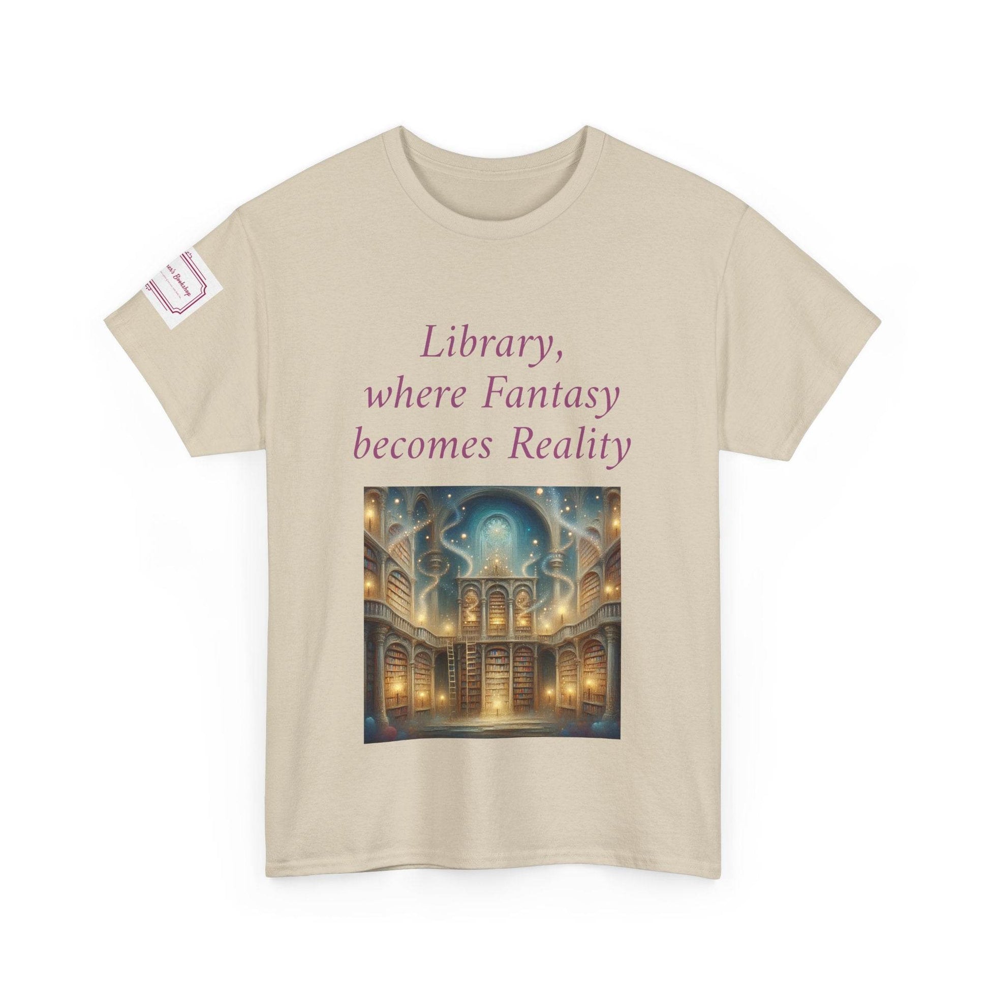 Library, Fantasy, Reality - Unisex Heavy Cotton Tee - Book Lovers - The Dreamer's Bookshop.