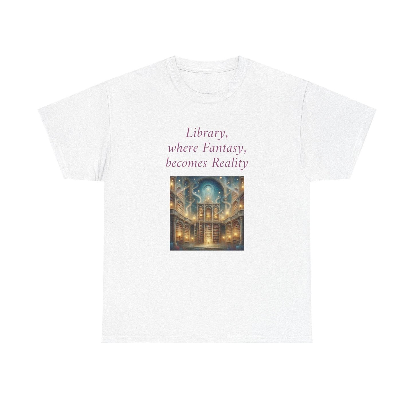Library, Fantasy, Reality - Graphic Tee - Unisex Heavy Cotton T-Shirt - Book Lovers - The Dreamer's Bookshop.