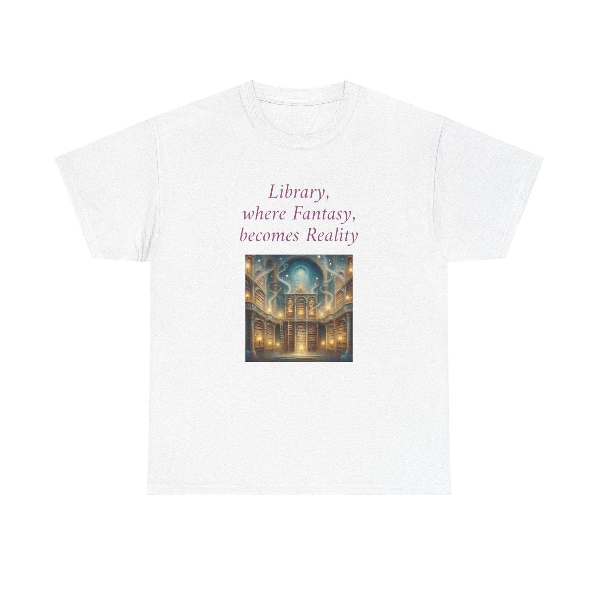 Library, Fantasy, Reality - Graphic Tee - Unisex Heavy Cotton T-Shirt - Book Lovers - The Dreamer's Bookshop.