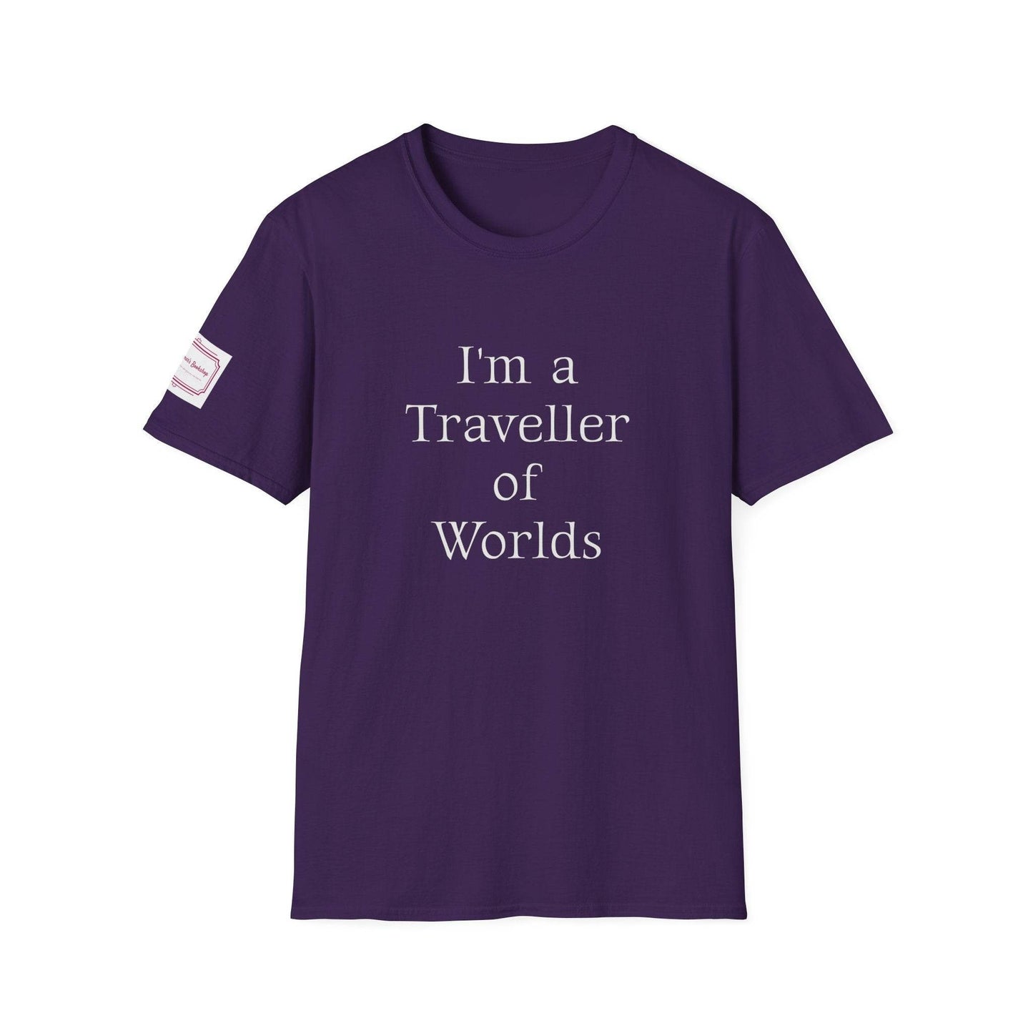 Unisex Softstyle T-Shirt - Traveller of Worlds Design for Book Lovers - The Dreamer's Bookshop.