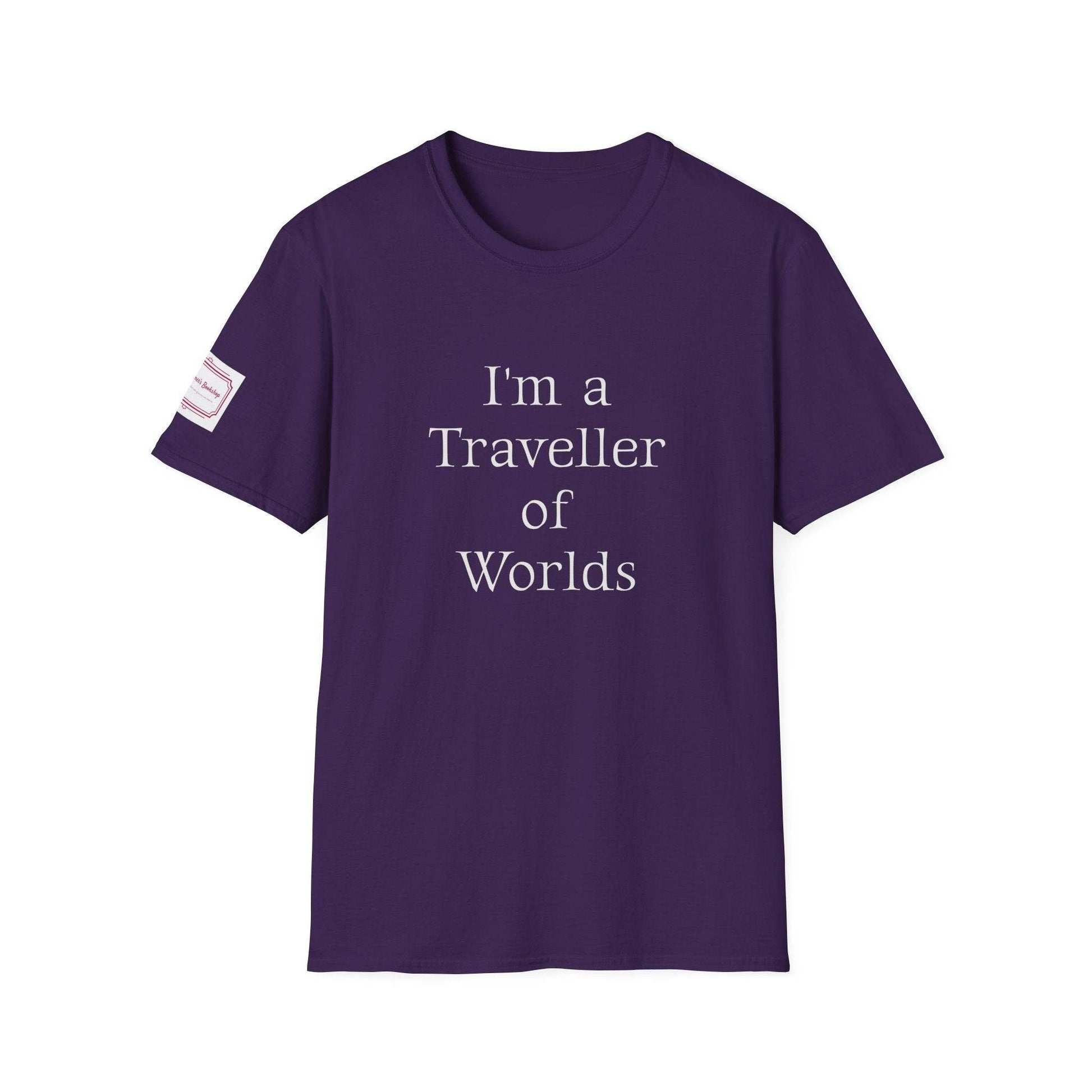 Unisex Softstyle T-Shirt - Traveller of Worlds Design for Book Lovers - The Dreamer's Bookshop.